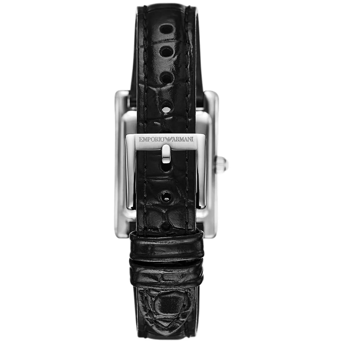 Emporio Armani Genni women's watch caseback showing engraved Emporio Armani logo and black patterned leather strap