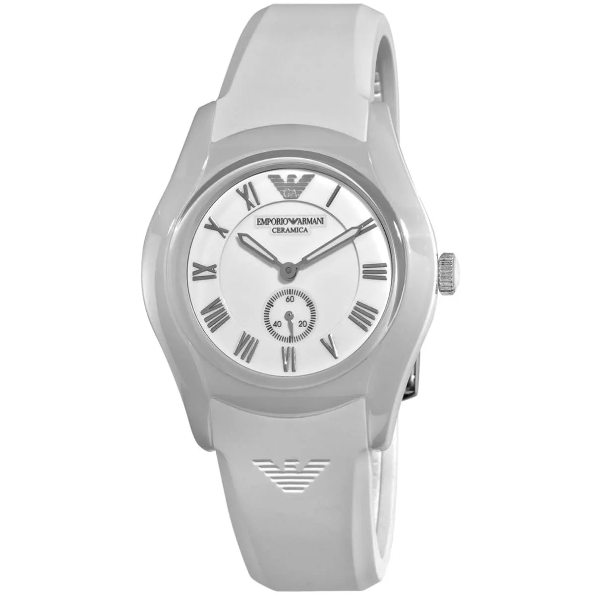Emporio Armani Valente Ceramica watch side angle showing white ceramic case and strap