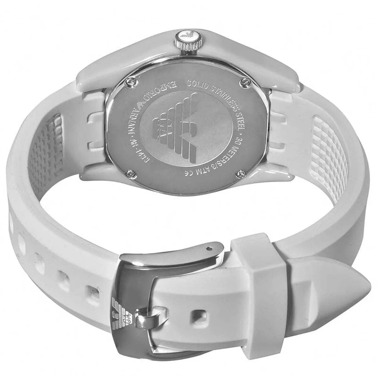 Emporio Armani Valente Ceramica watch on-wrist view of white ceramic case and strap