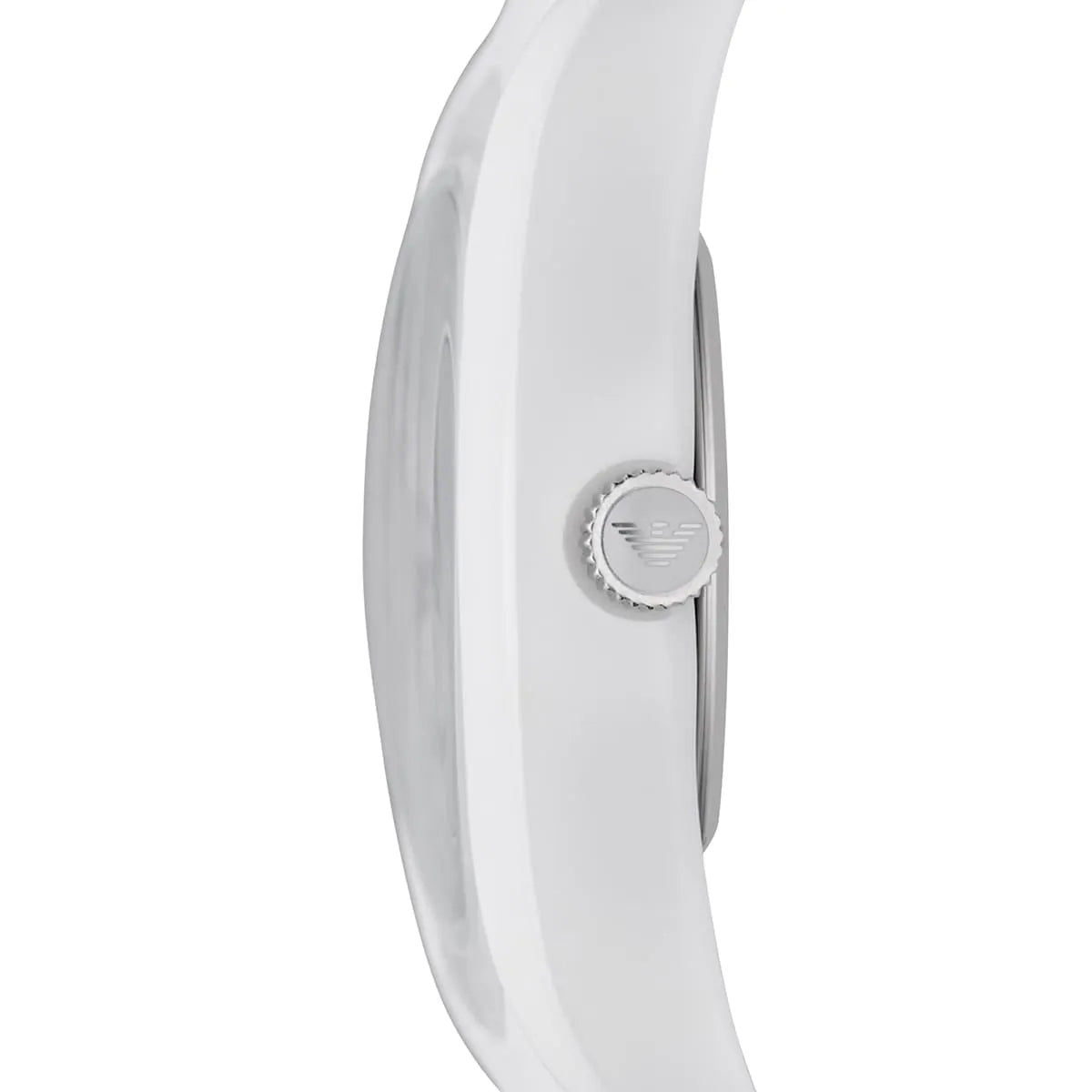 Emporio Armani Valente Ceramica watch side profile showing white ceramic case thickness