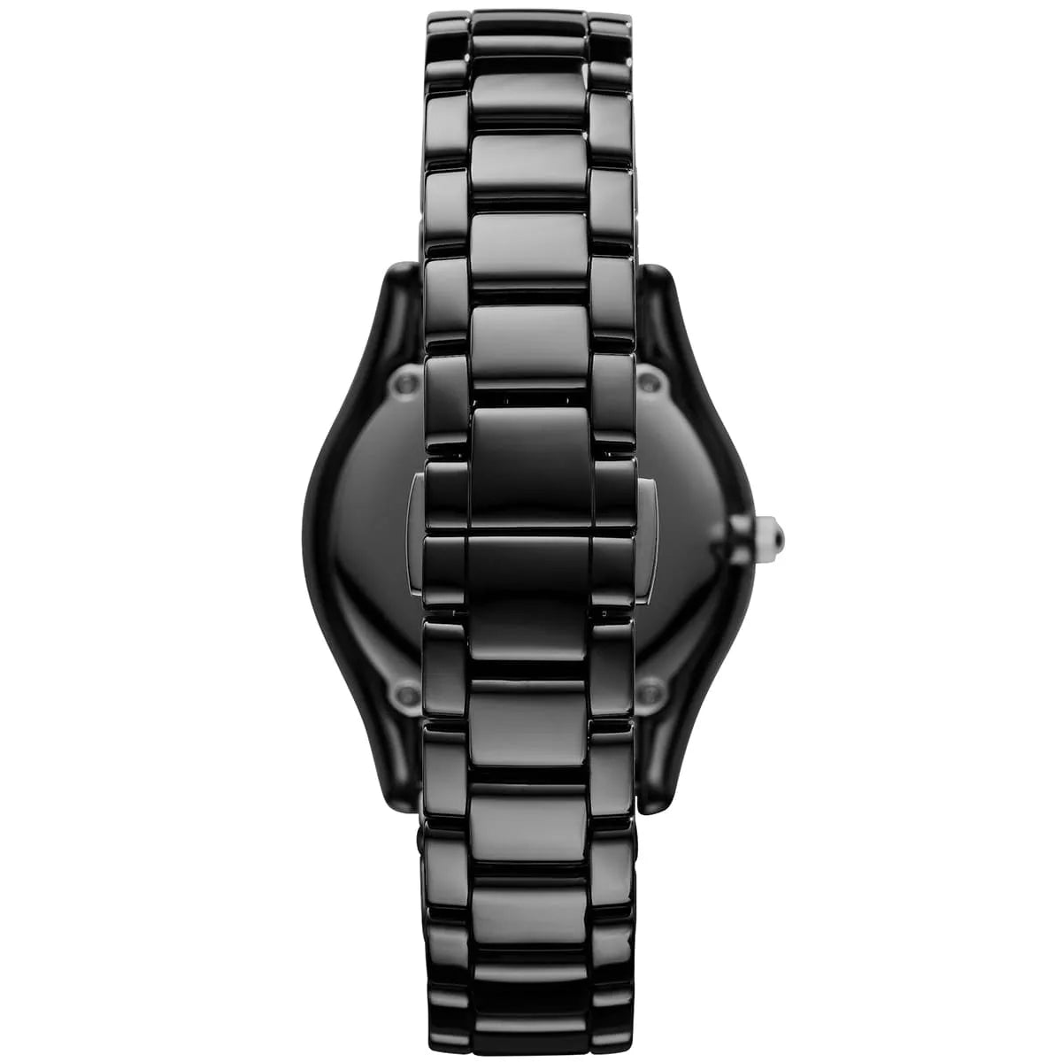 Back view of Emporio Armani Leo Small black ceramic watch showing caseback detail