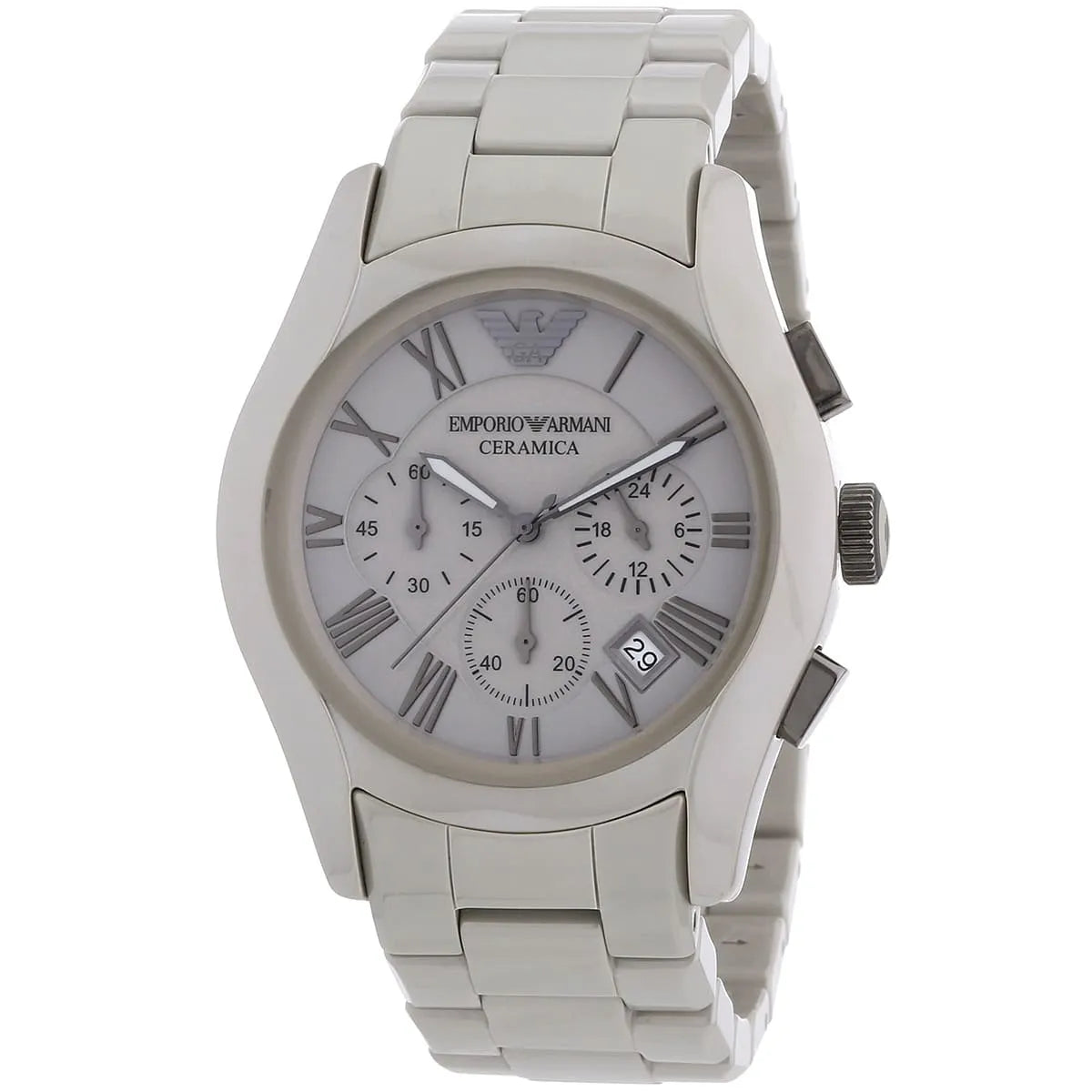 Side angle view of Emporio Armani Valente ceramic chronograph with grey dial and ceramic bracelet