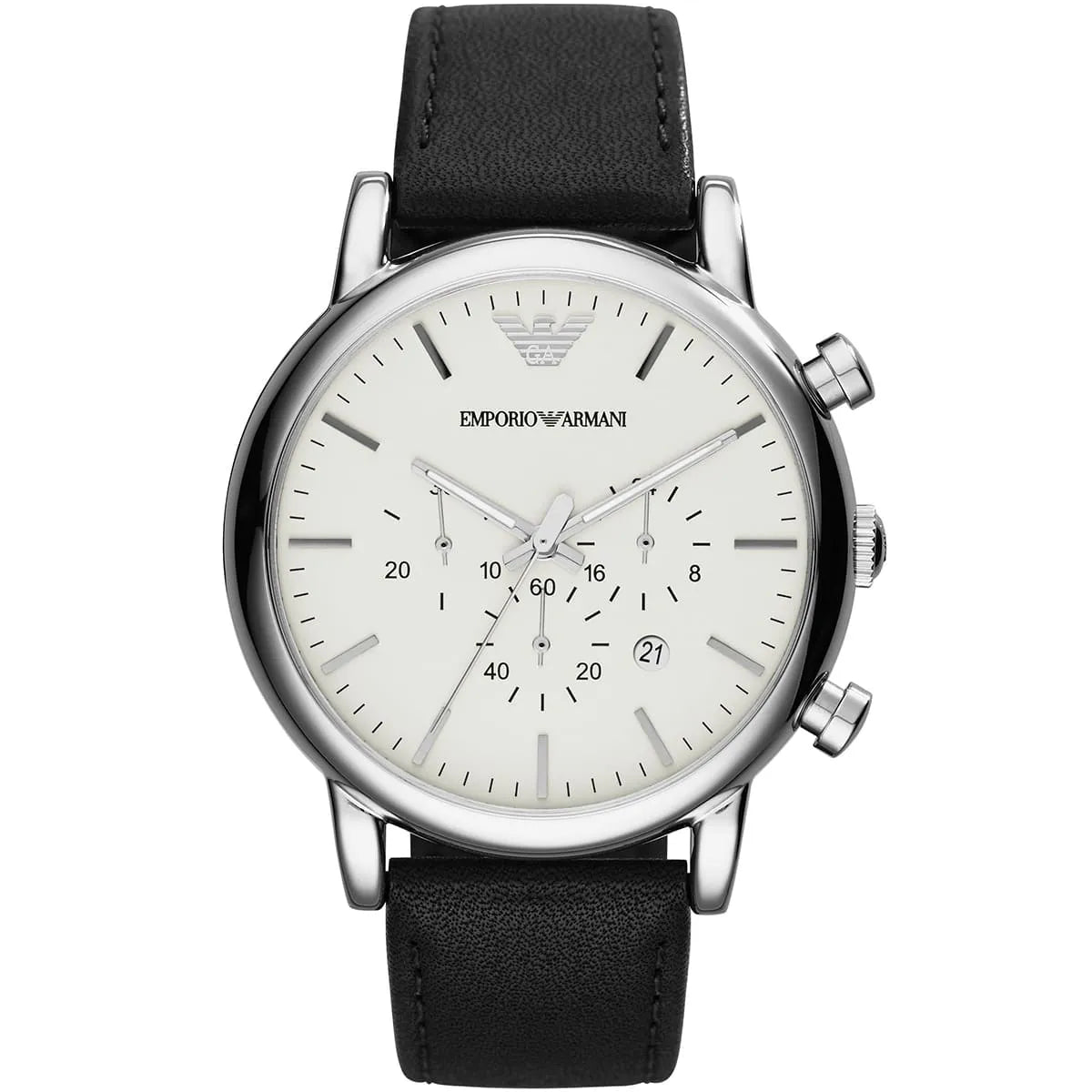 Emporio Armani Classic Chronograph White Dial Black Genuine Leather Men's Watch - AR1807