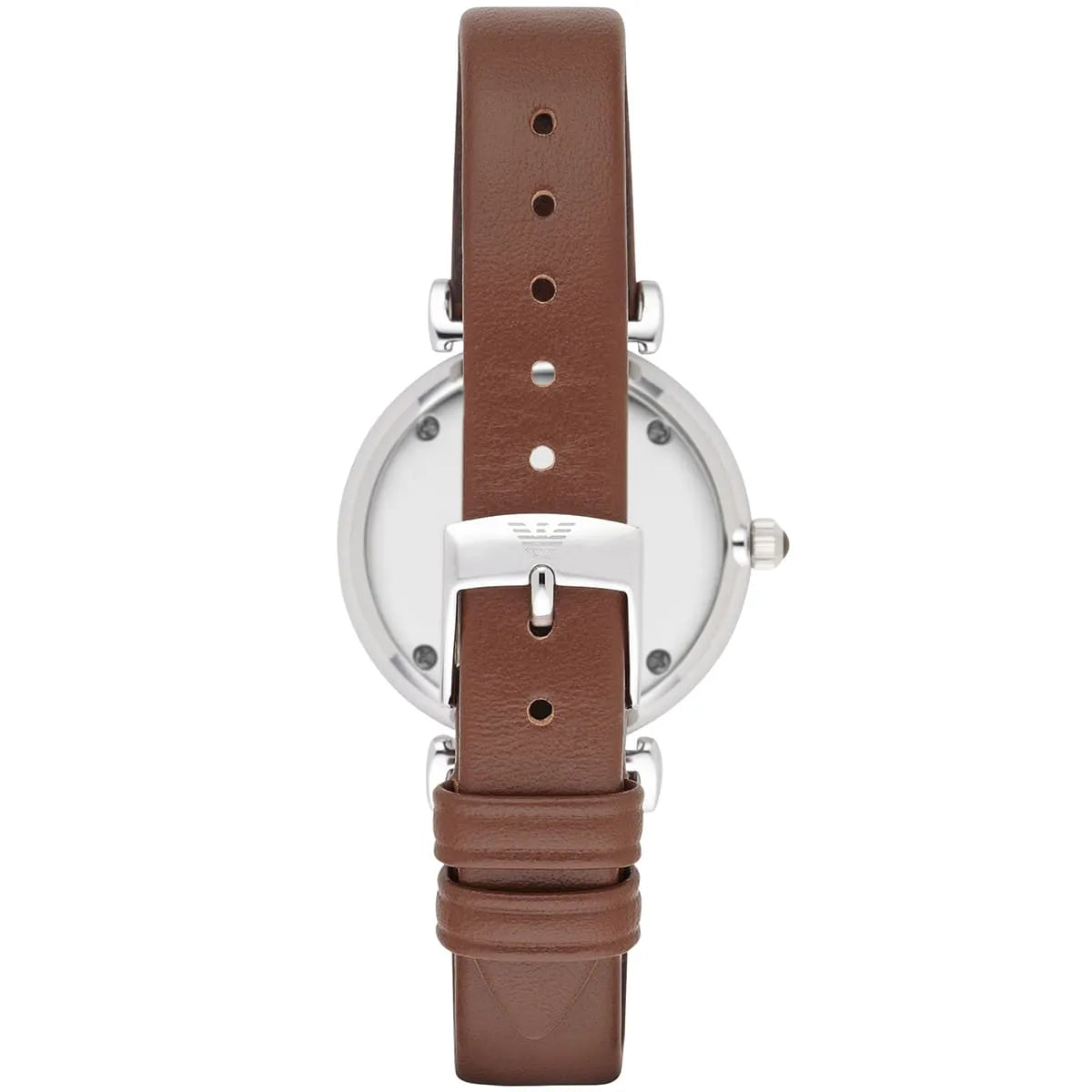 Caseback view of Emporio Armani AR1873 watch with stainless steel case and brown leather strap