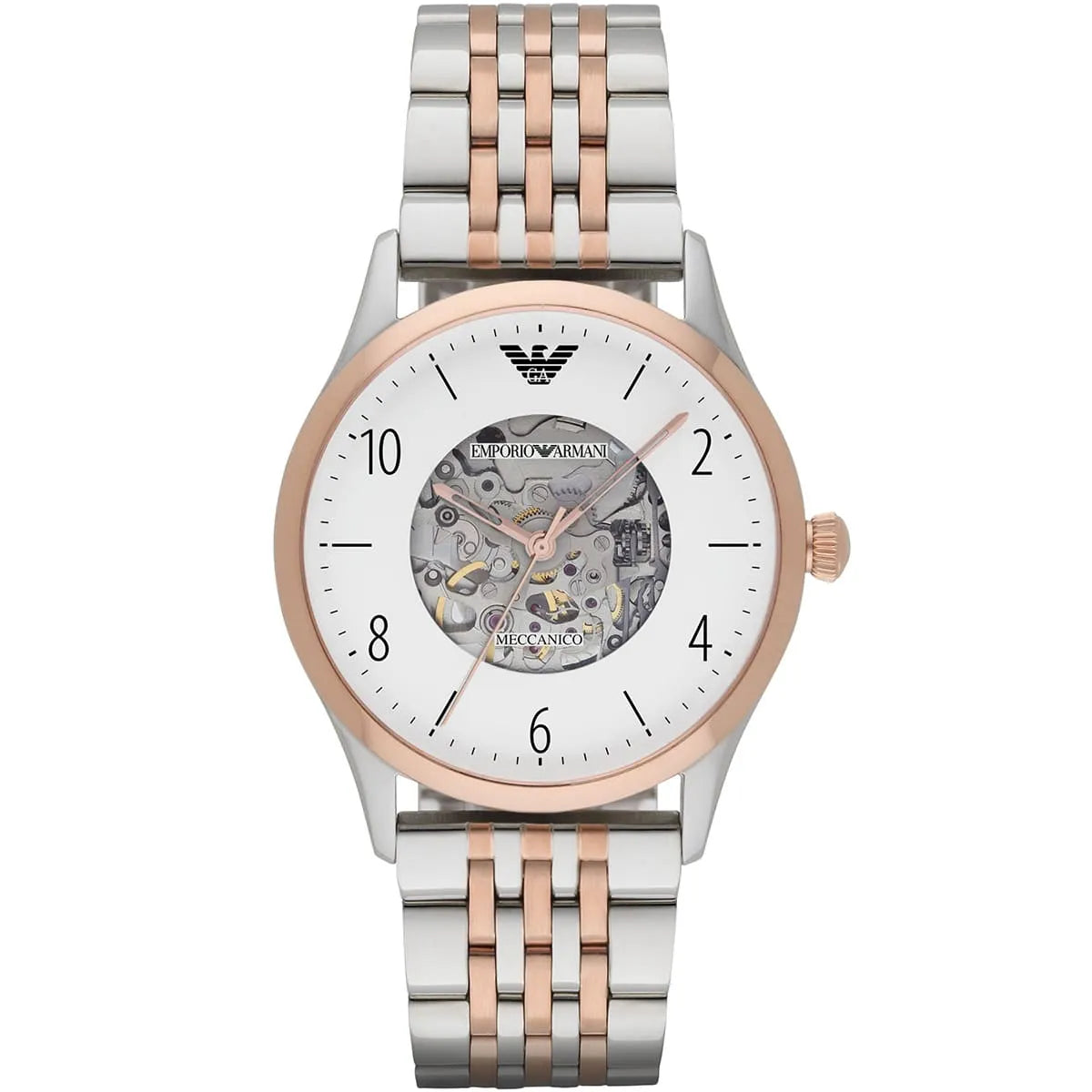 Emporio Armani Meccanico Automatic Skeleton White Dial Two-tone Men's Watch - AR1921