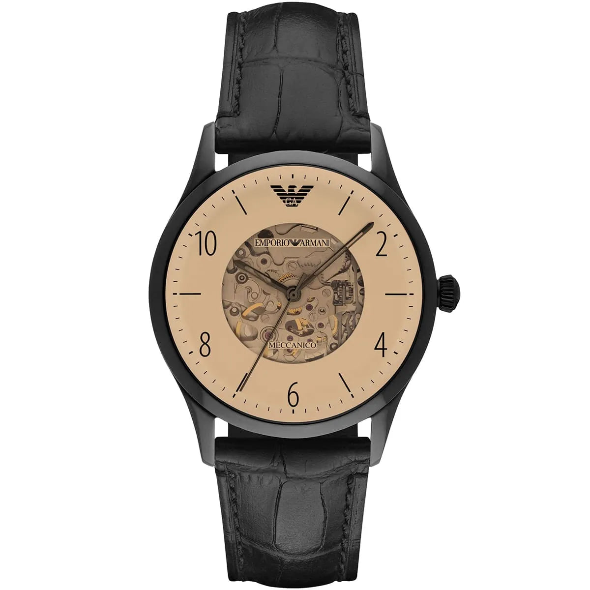 Emporio Armani Beta Meccanico AR1923 skeleton dial automatic watch with tan face and black leather strap
