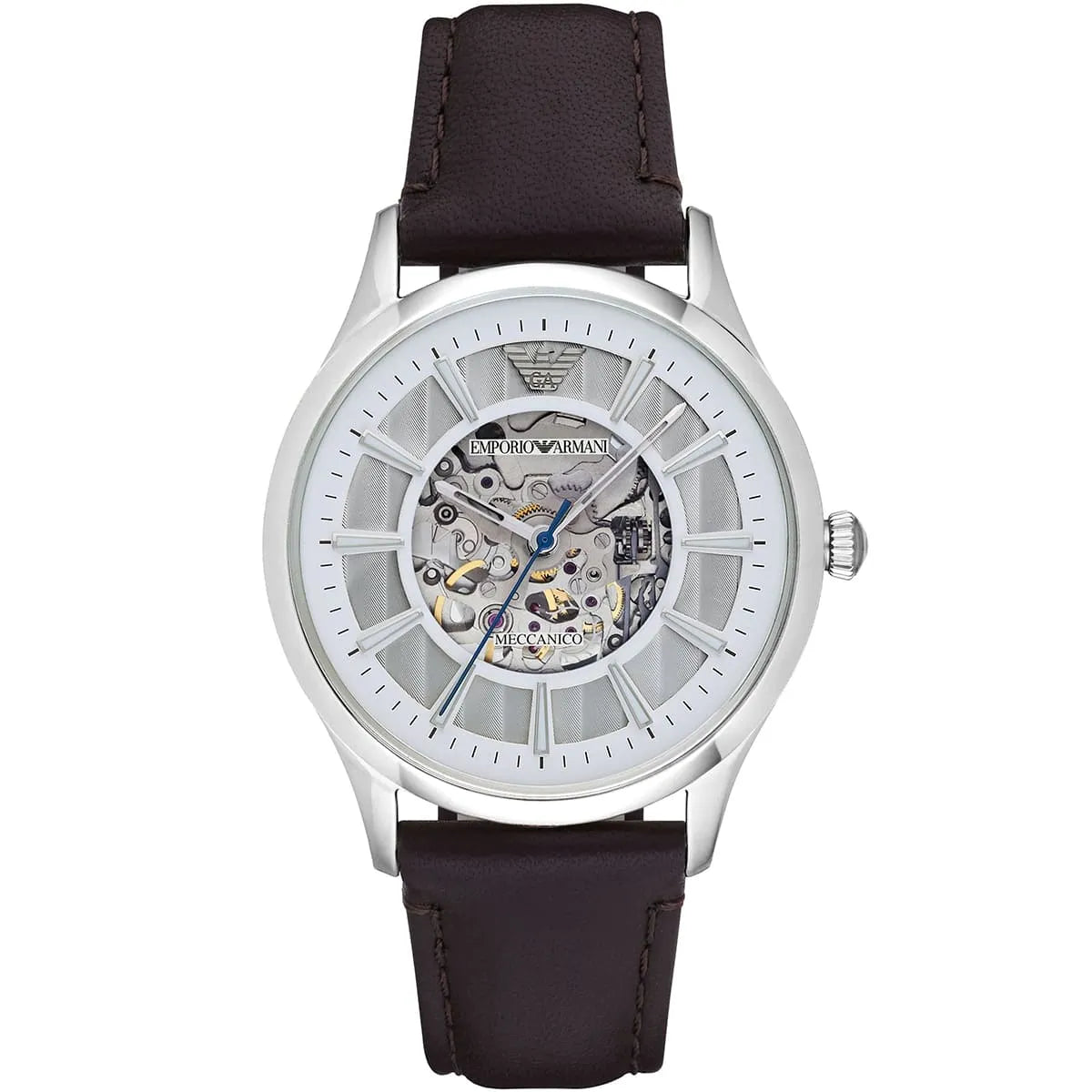 Emporio Armani Meccanico Skeleton Automatic Dark Brown Genuine Leather Men's Watch - AR1946