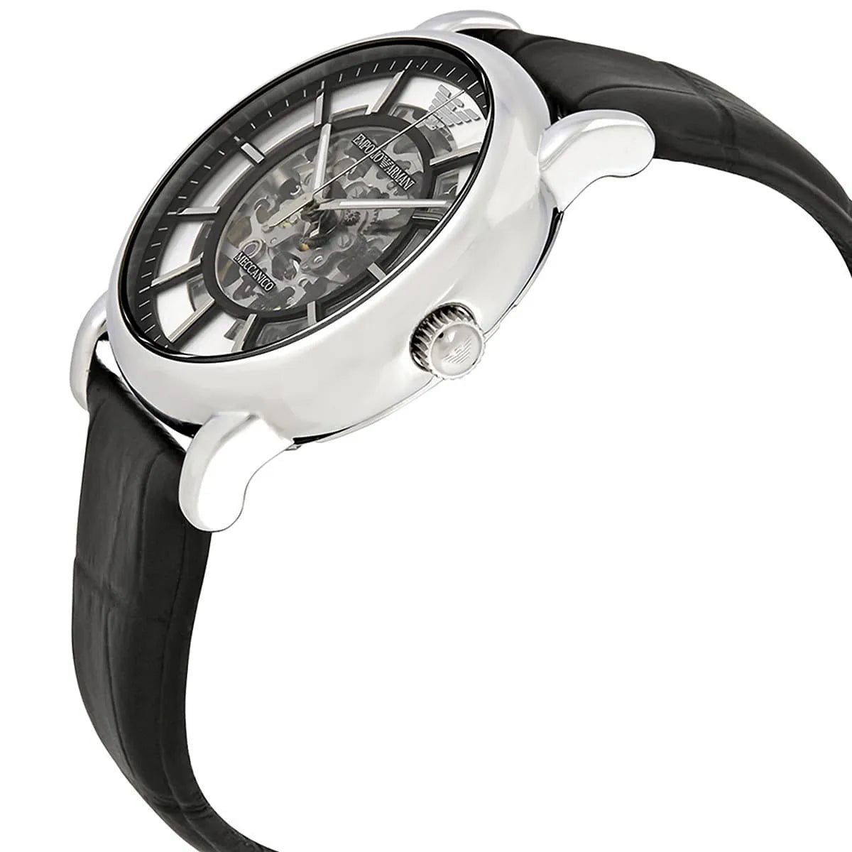 Emporio Armani Luigi AR1981 skeleton automatic watch worn on wrist with black strap
