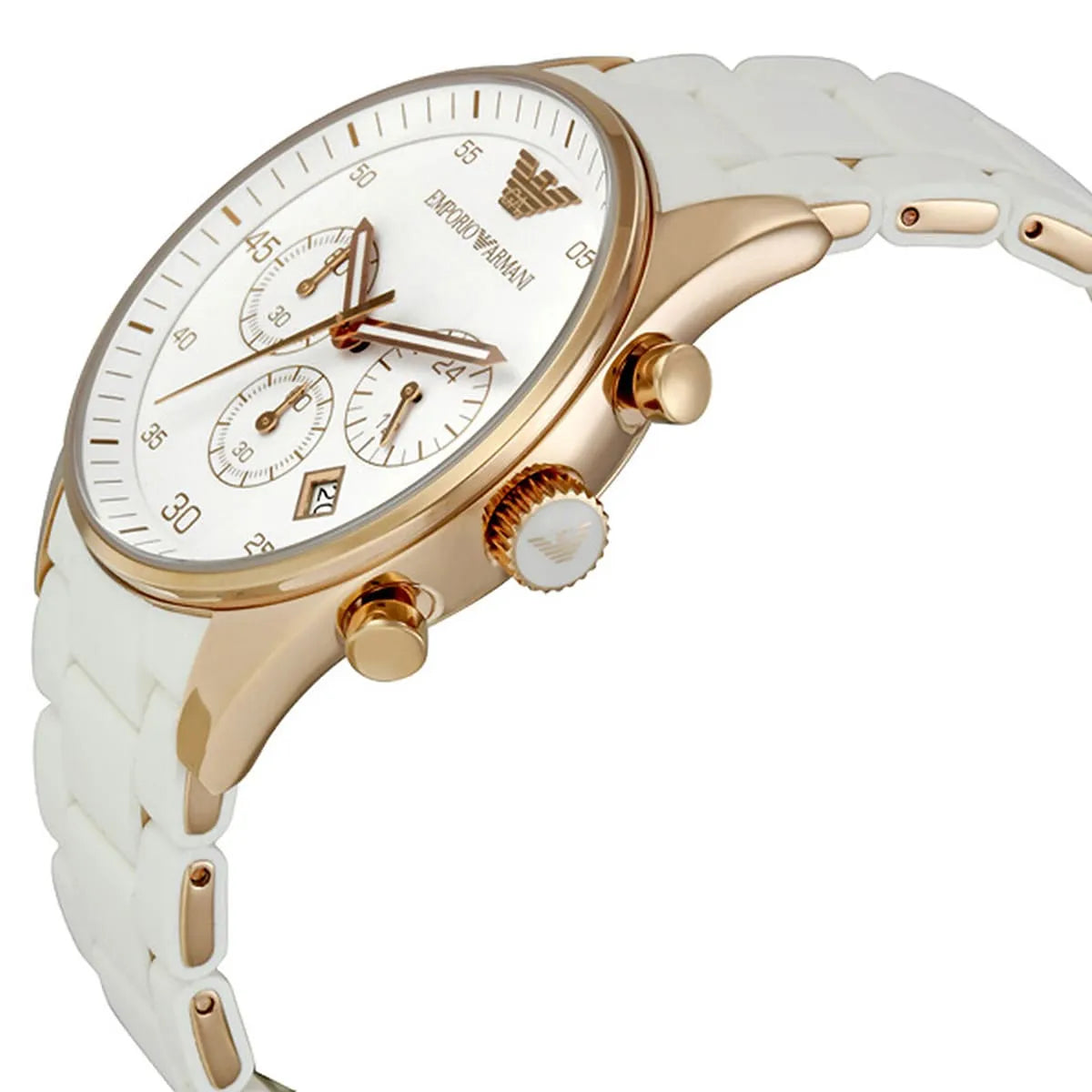 Emporio Armani AR5919 chronograph watch side view displaying rose gold chronograph pushers and white silicone strap