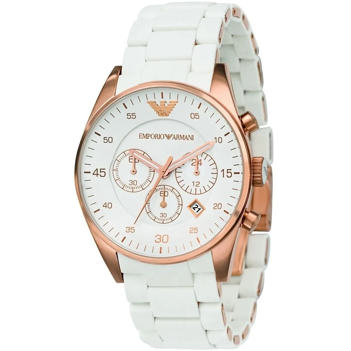 Emporio Armani AR5919 sport chronograph watch angled view showing white dial with subdials and white rubber bracelet