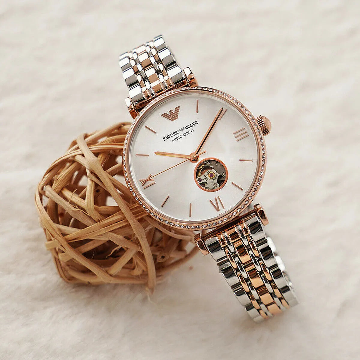 Emporio Armani Gianni T-Bar Open Heart Automatic Two-tone Women's Watch - AR60019