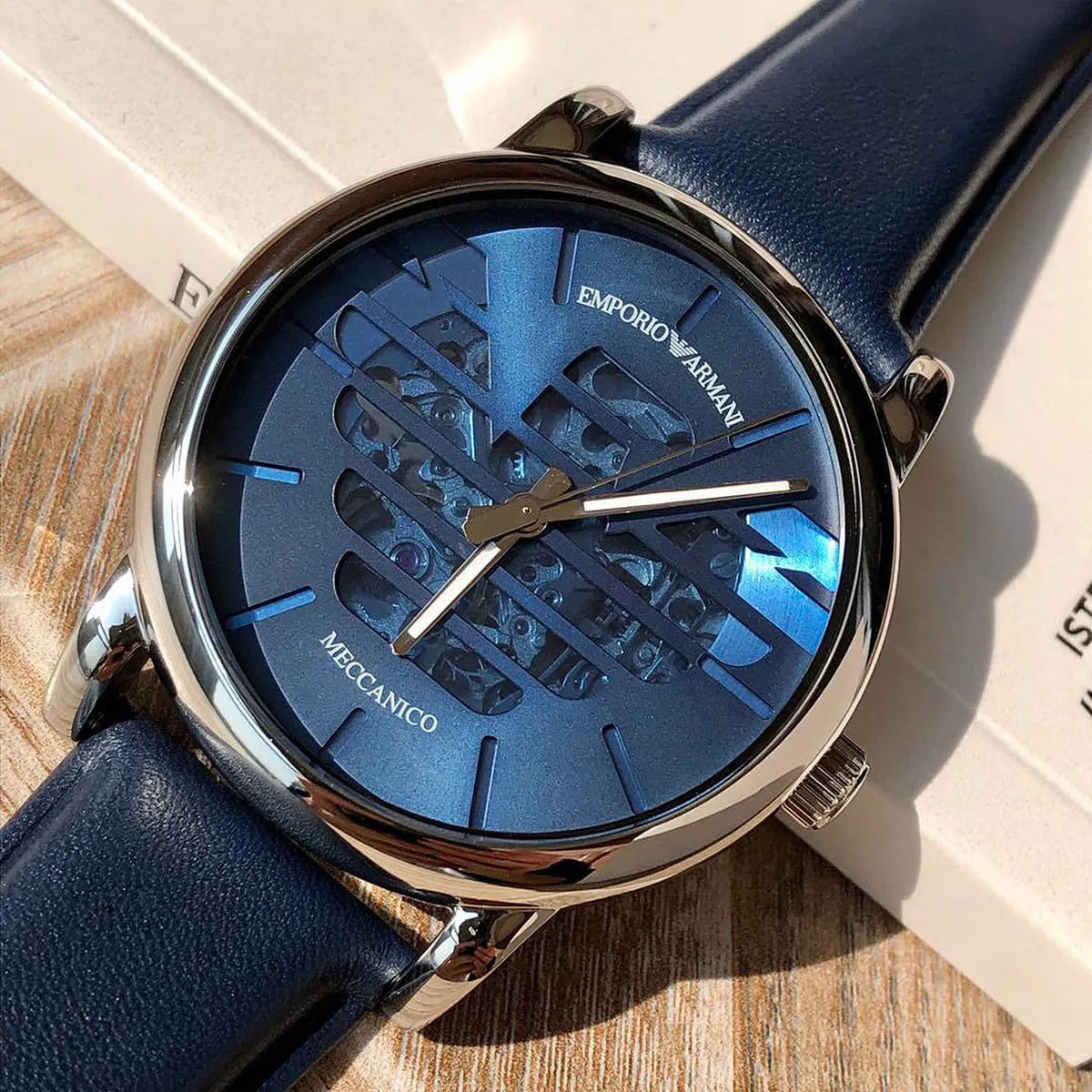 Emporio Armani Luigi Automatic Blue Sunray Skeleton Dial Blue Genuine Leather Men's Watch - AR60030