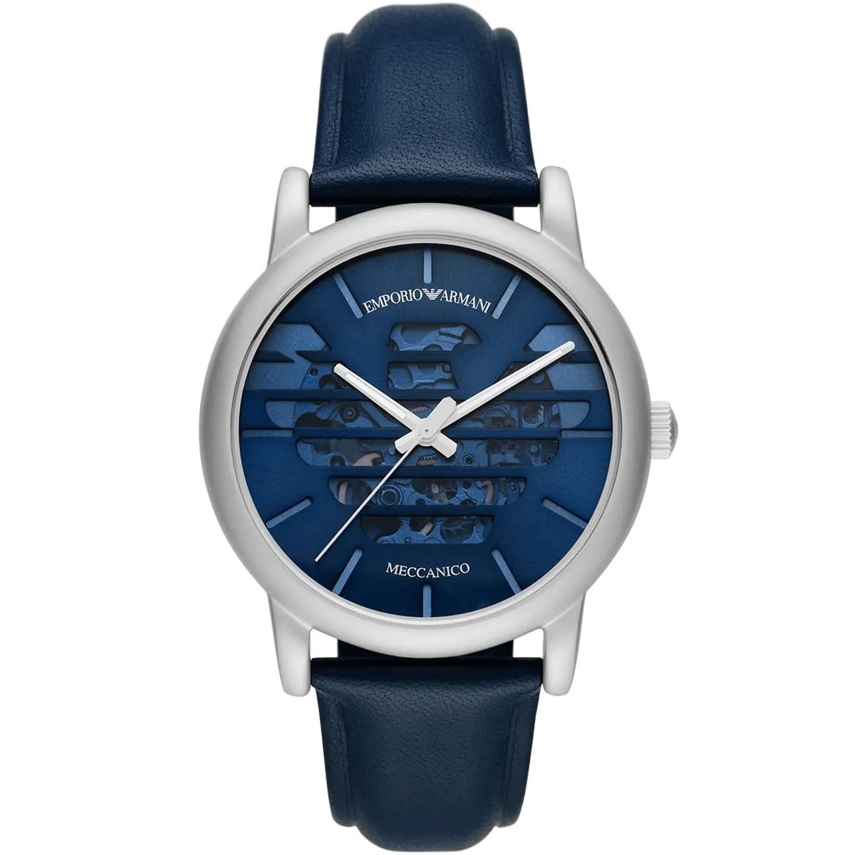 Emporio Armani Luigi Automatic Blue Sunray Skeleton Dial Blue Genuine Leather Men's Watch - AR60030