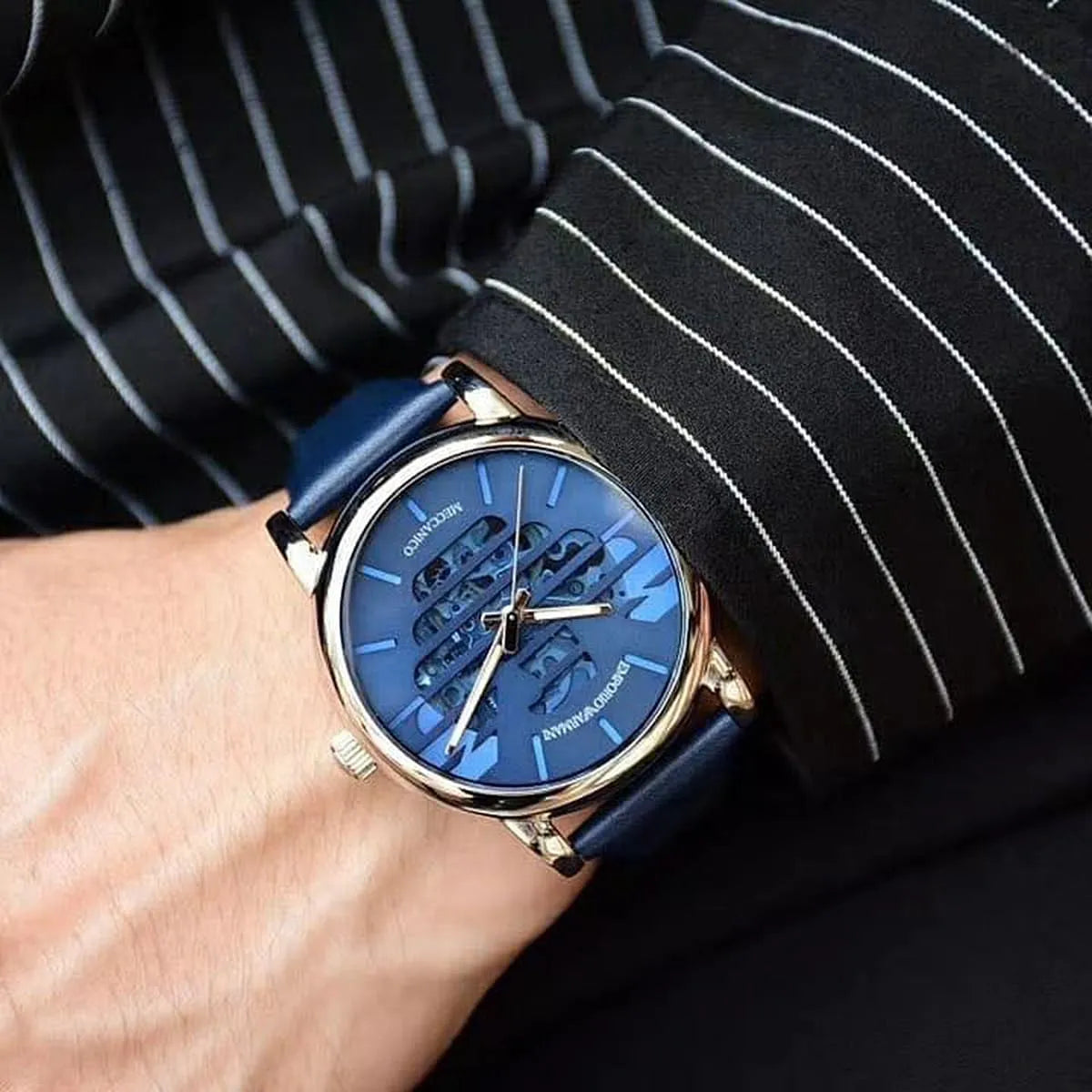Emporio Armani Luigi Automatic Blue Sunray Skeleton Dial Blue Genuine Leather Men's Watch - AR60030