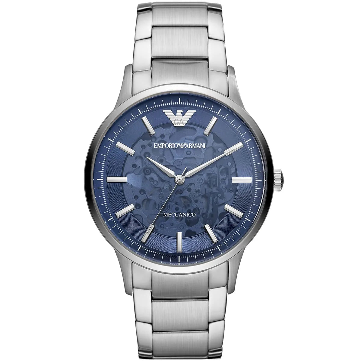 Emporio Armani Renato men's automatic watch with skeleton blue dial and silver stainless steel bracelet