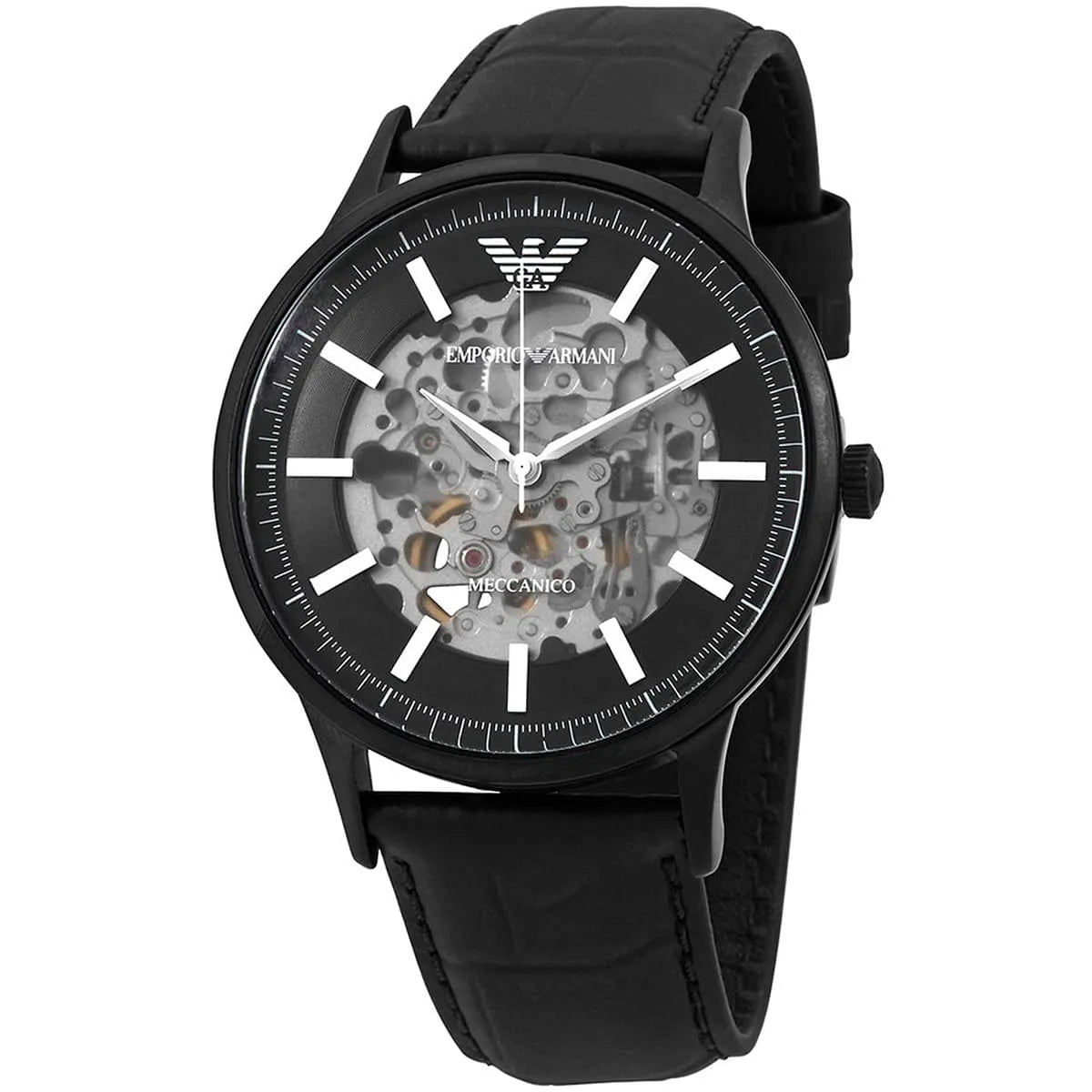 Emporio Armani Renato Automatic Skeleton Black Genuine Leather Men's Watch - AR60042