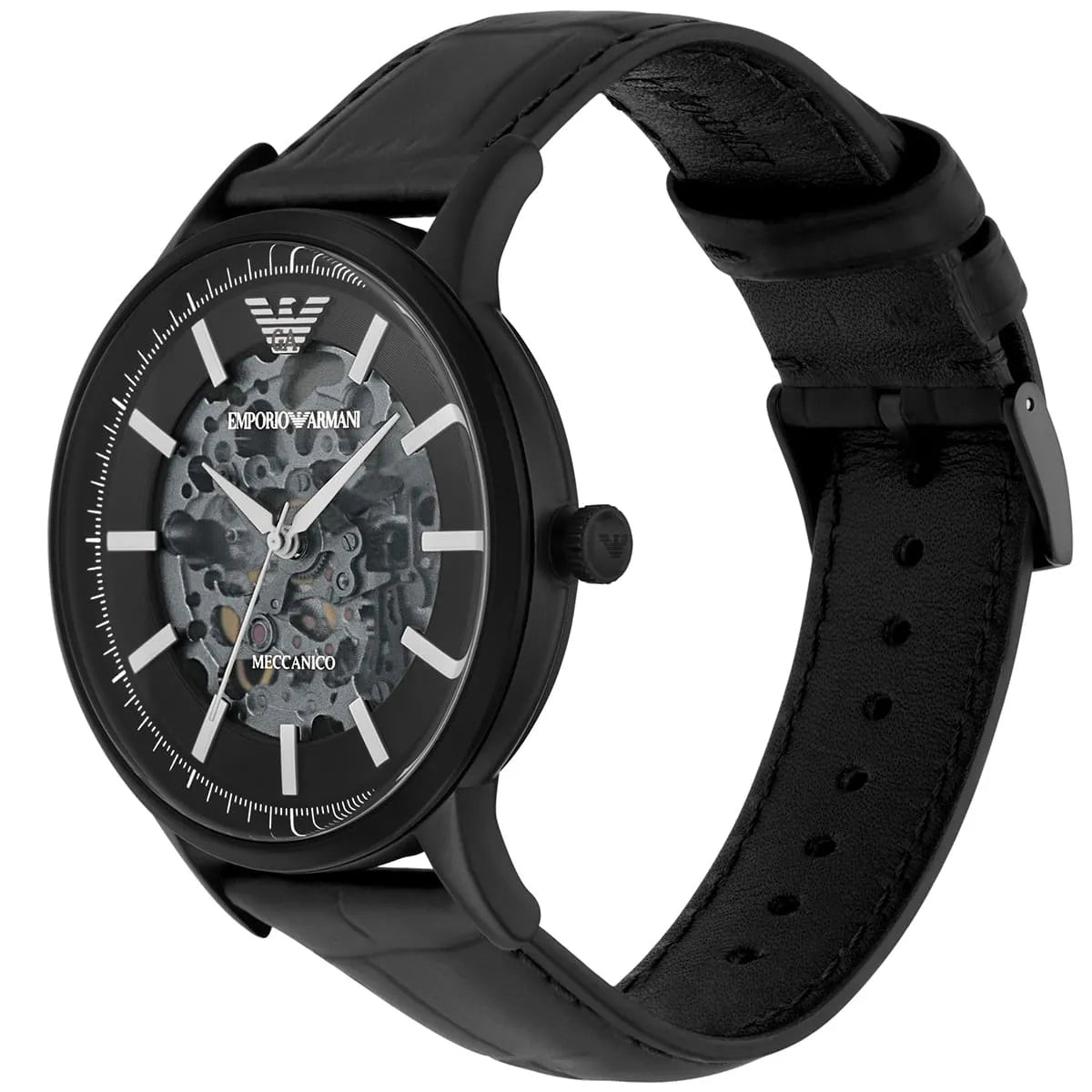 Emporio Armani Renato Automatic Skeleton Black Genuine Leather Men's Watch - AR60042
