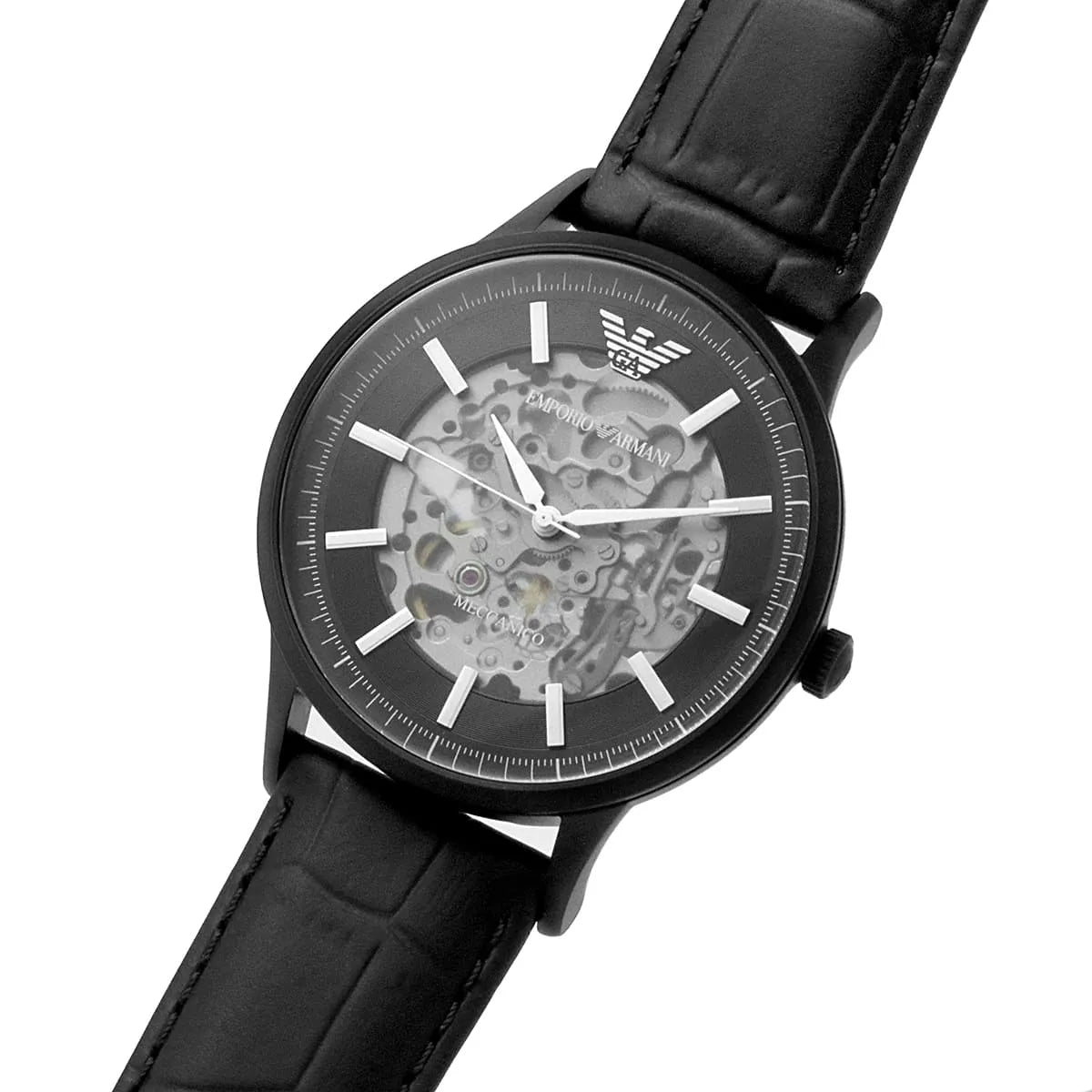 Emporio Armani Renato Automatic Skeleton Black Genuine Leather Men's Watch - AR60042