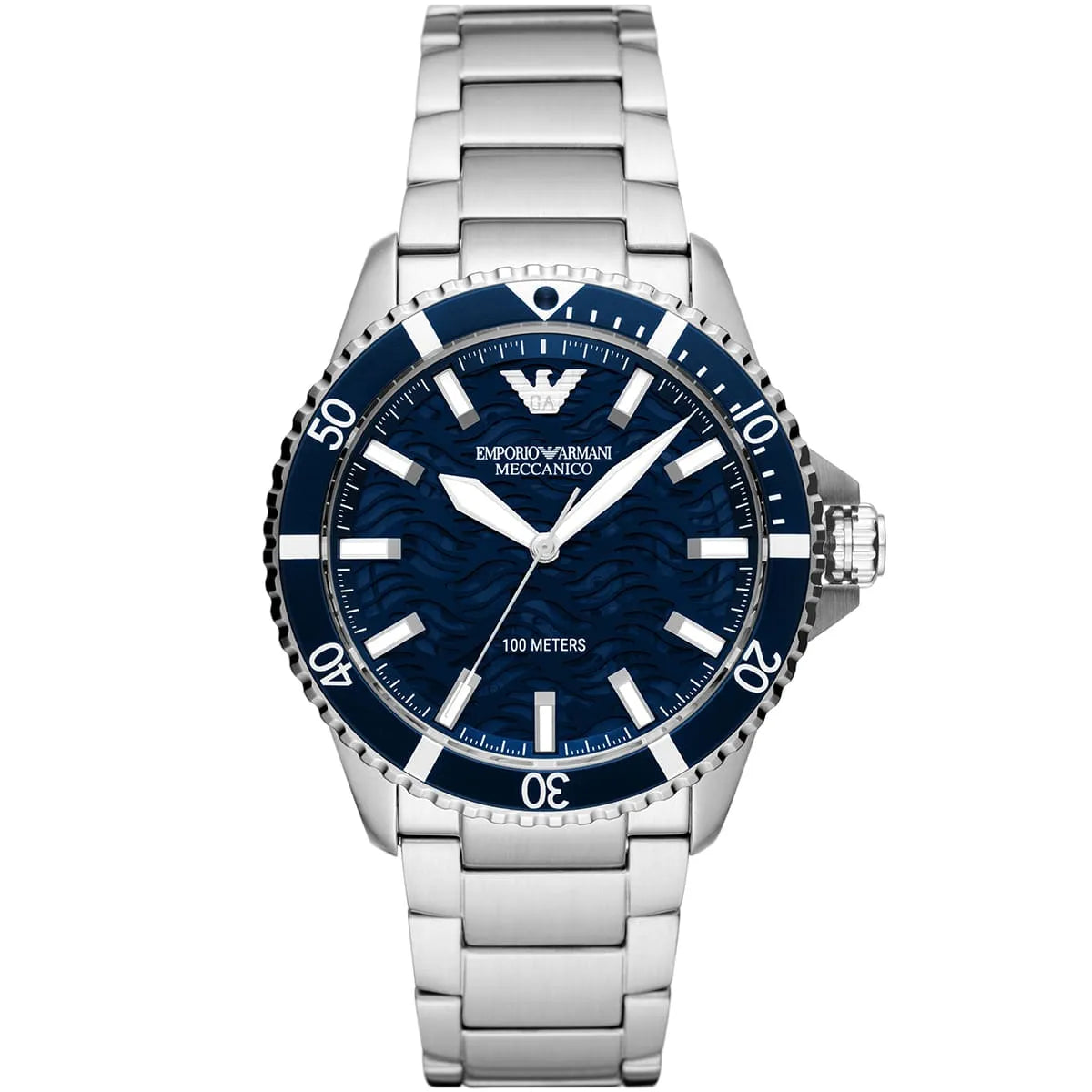 Emporio Armani Diver Automatic Uni-directional rotating blue bezel Silver Men's Watch - AR60059