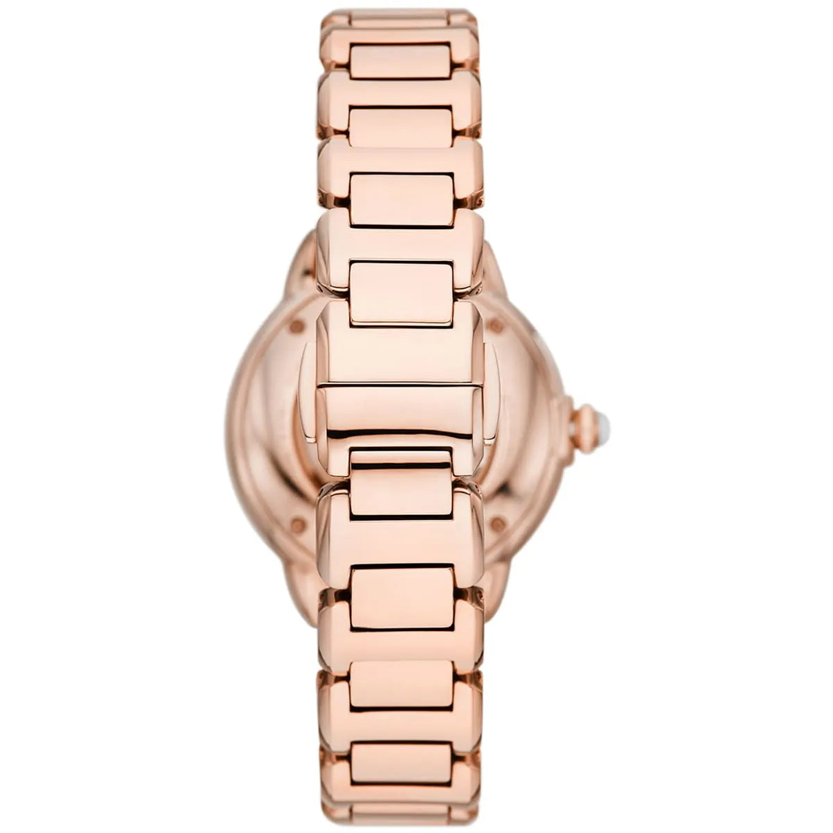 Side profile of Emporio Armani Mia watch showing rose-gold case and bracelet thickness