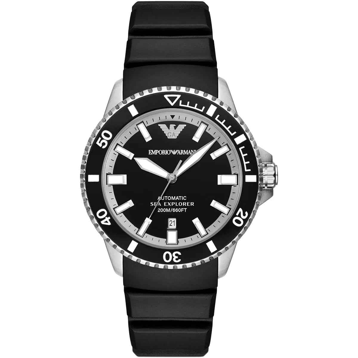 Emporio Armani Sea Explorer Automatic Black Dial Black Silicone Strap Men's Watch - AR60078