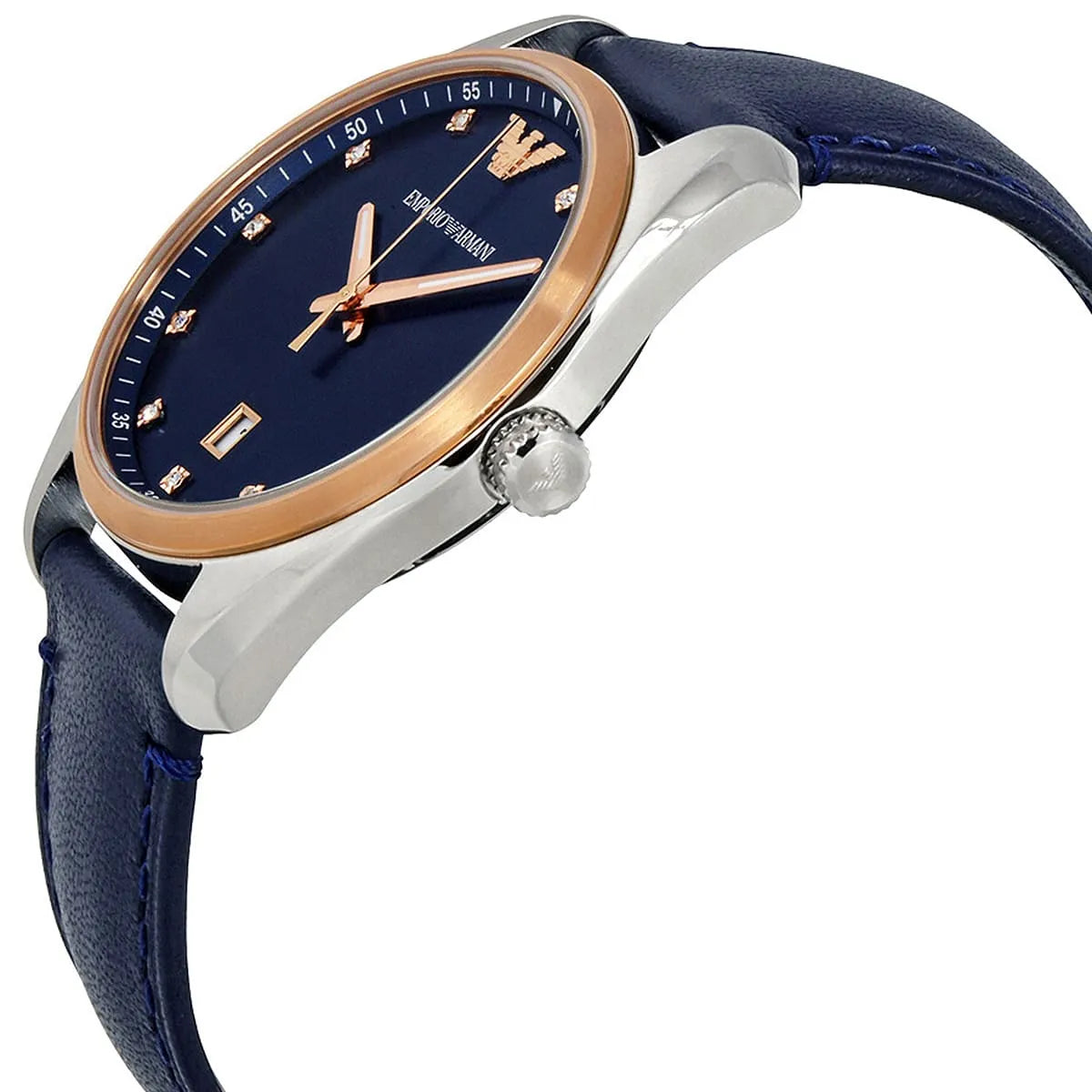 Angled side view of Emporio Armani Tazio watch displaying two-tone case and blue leather band