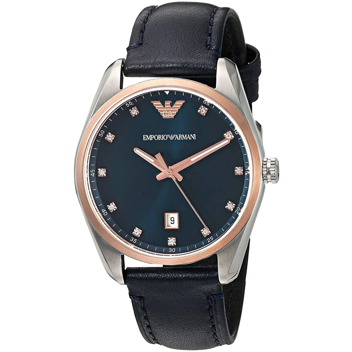 Front view of Emporio Armani Tazio watch showing blue sunburst dial with diamond hour markers and date window