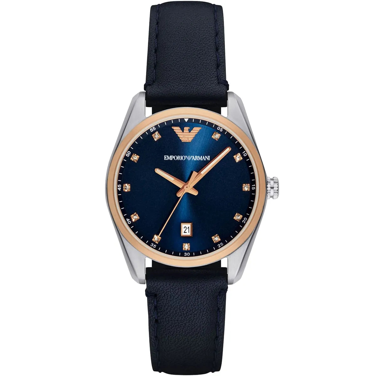 Emporio Armani Tazio women's watch with blue dial, rose gold and steel case, blue leather strap
