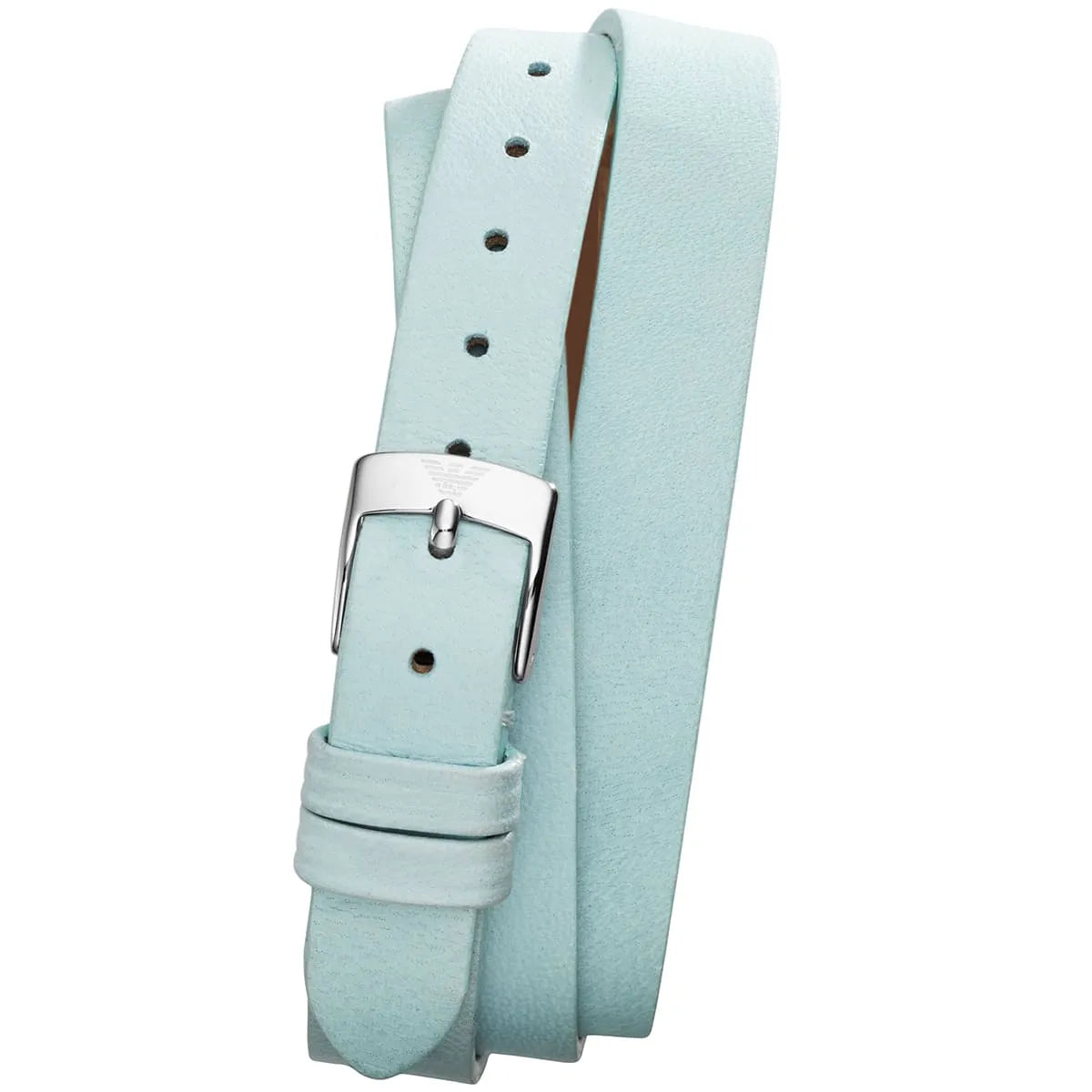 Blue genuine leather double-wrap strap with metal buckle and adjustment holes