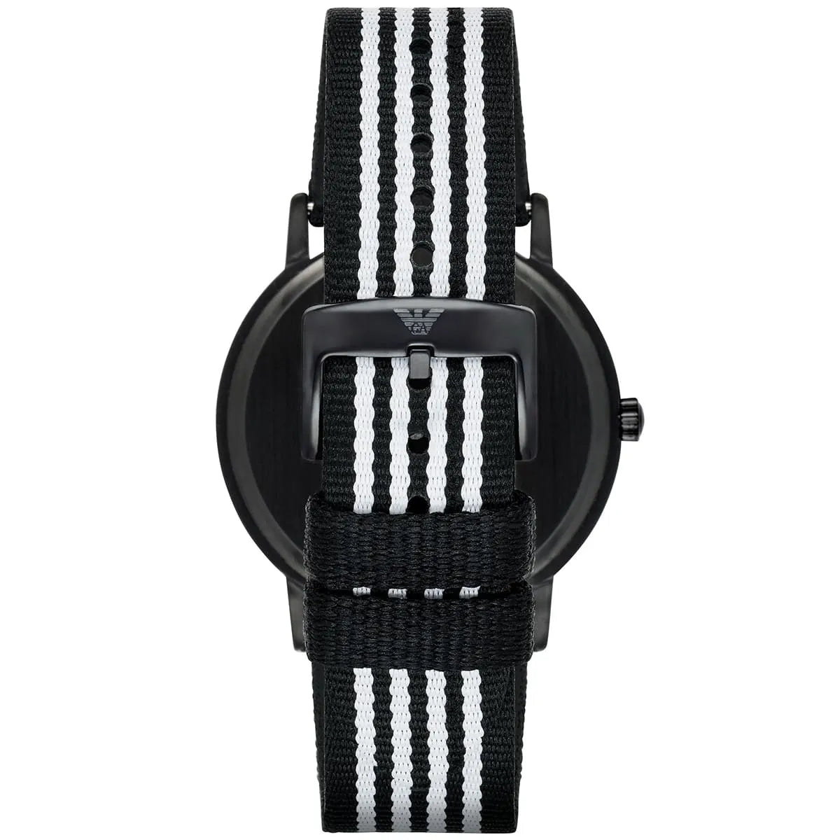 Emporio Armani Kappa watch worn on wrist displaying black and white striped nylon strap and dial