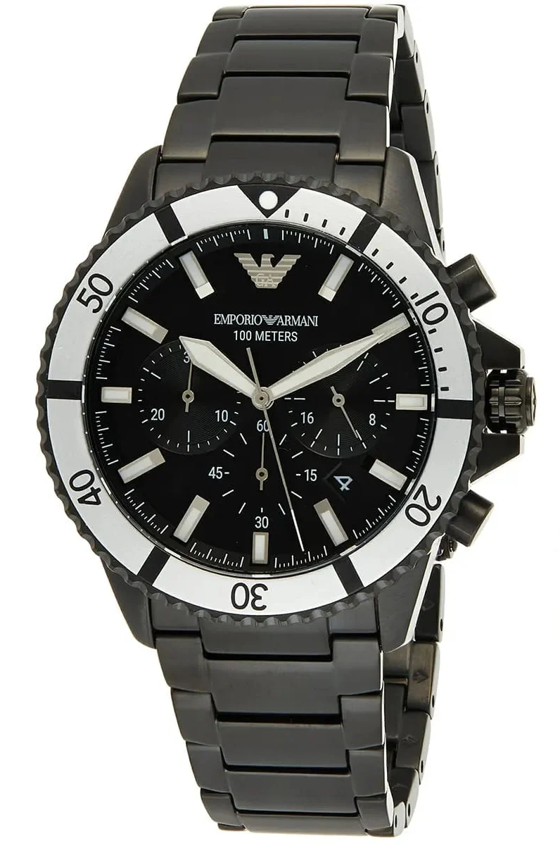 AR80050 black chronograph watch at angle showing dial and bracelet