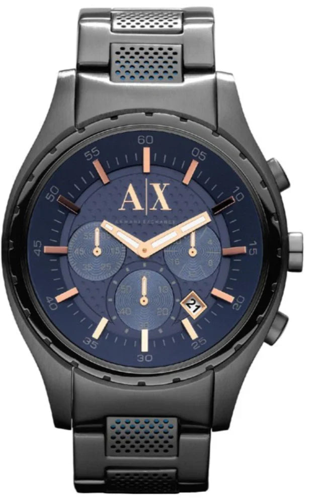 Armani Exchange AX1166 chronograph watch with blue dial, grey steel bracelet and rose gold accents