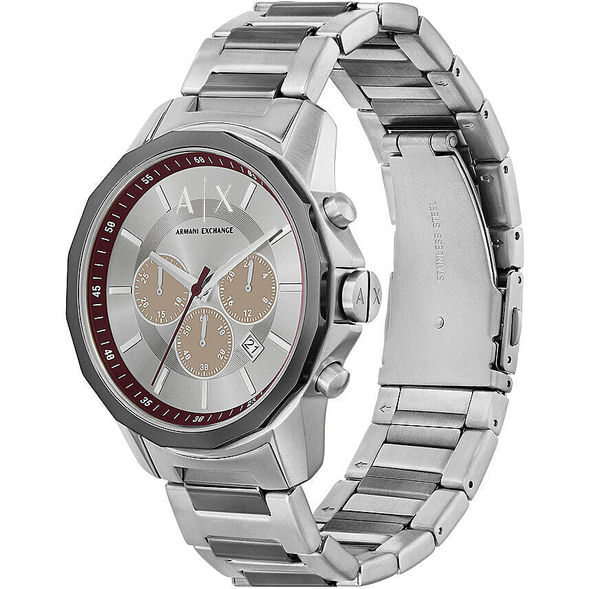 Armani Exchange Banks watch from angled view showing stainless steel bracelet and dial