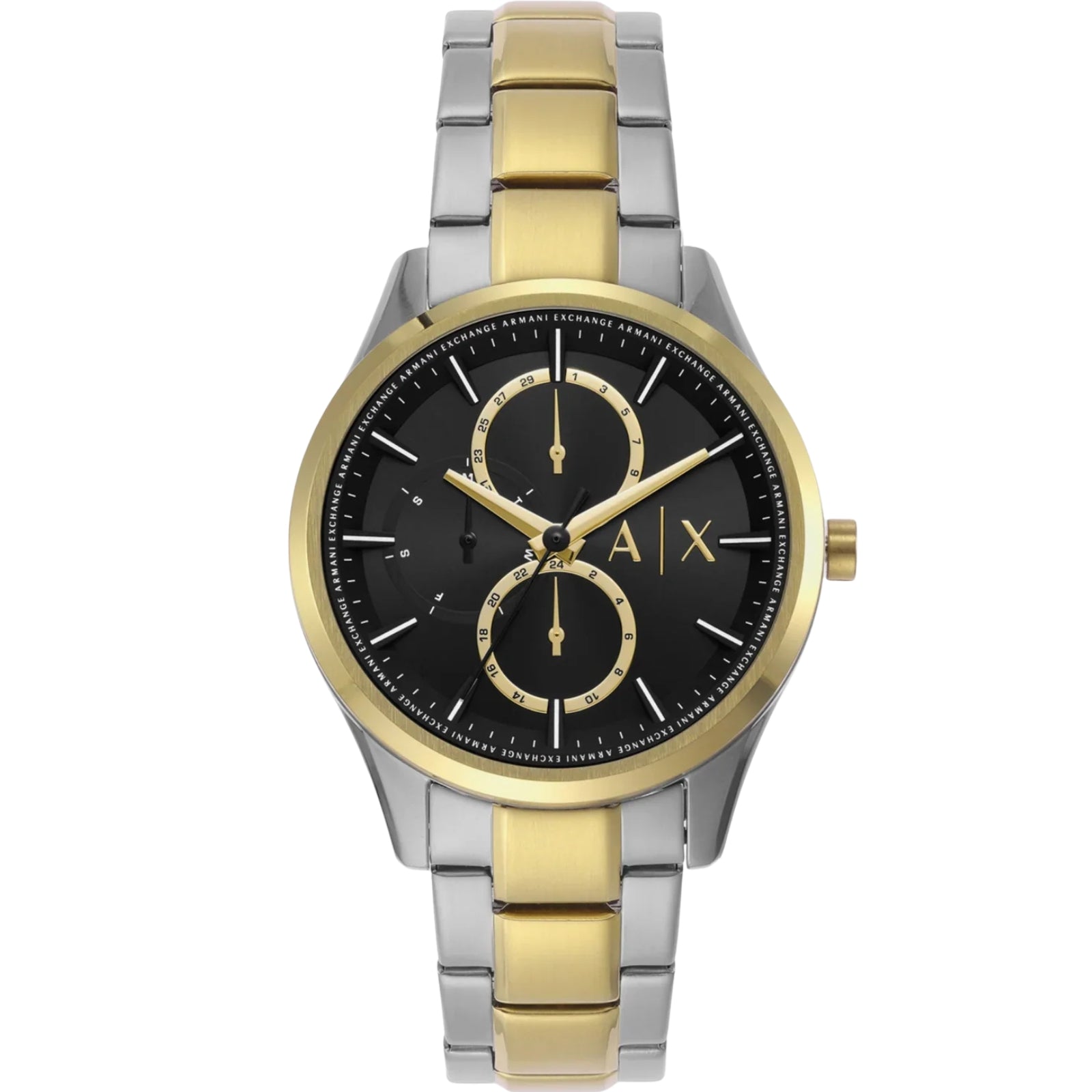 Armani Exchange Dante multifunction watch with black dial and two-tone gold and silver stainless steel bracelet