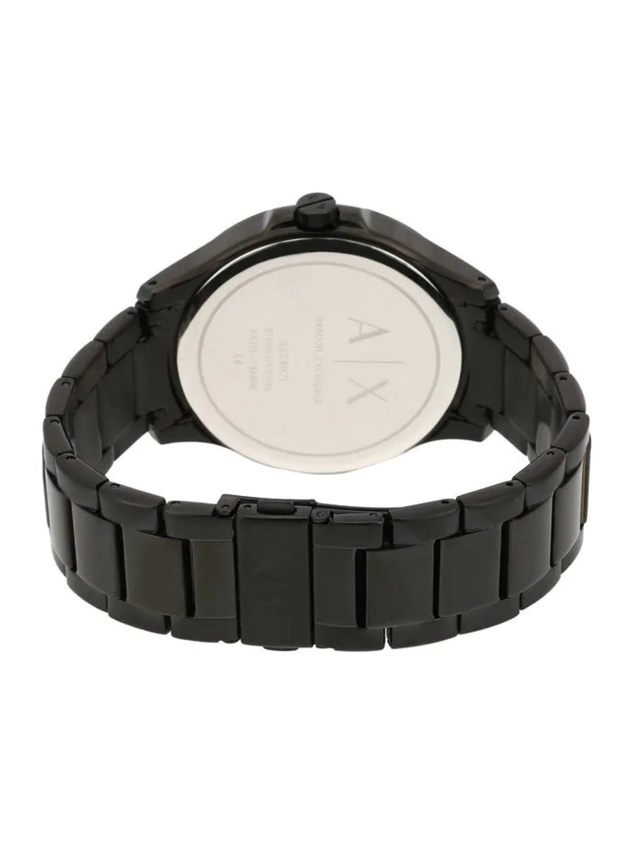 AX2407 watch caseback showing black ion-plated steel case with metal bracelet