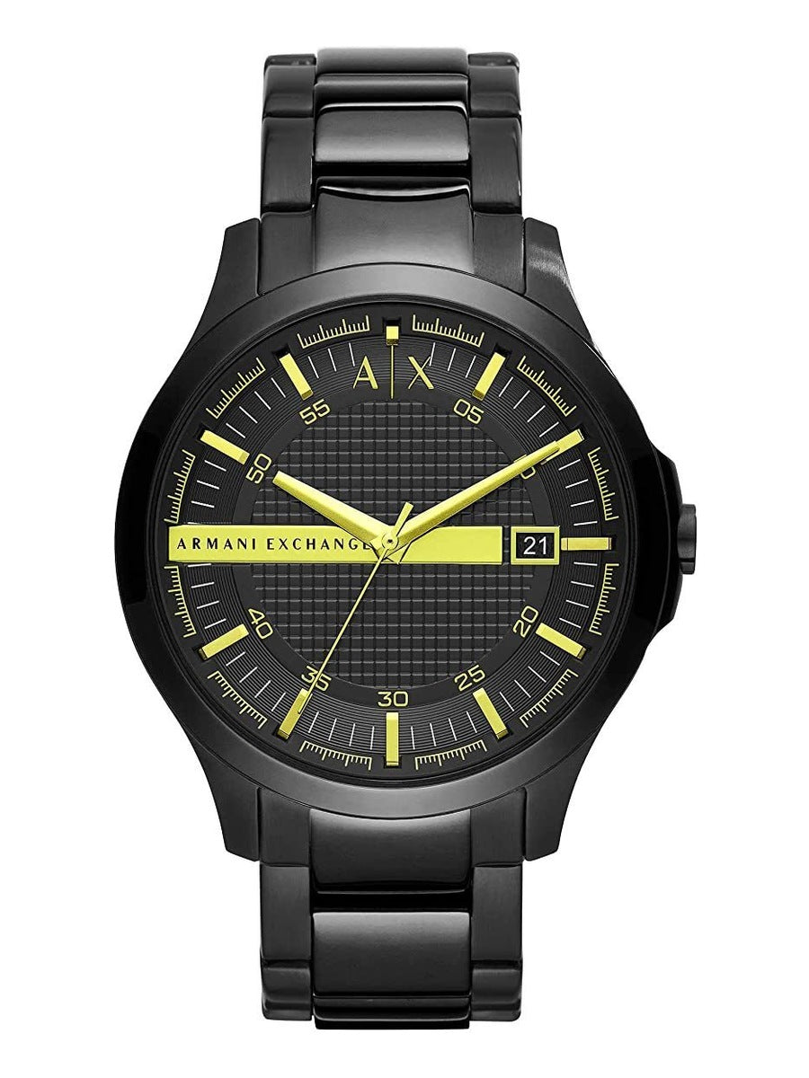 Armani Exchange Hampton AX2407 black dial watch with yellow hands and hour markers, date window