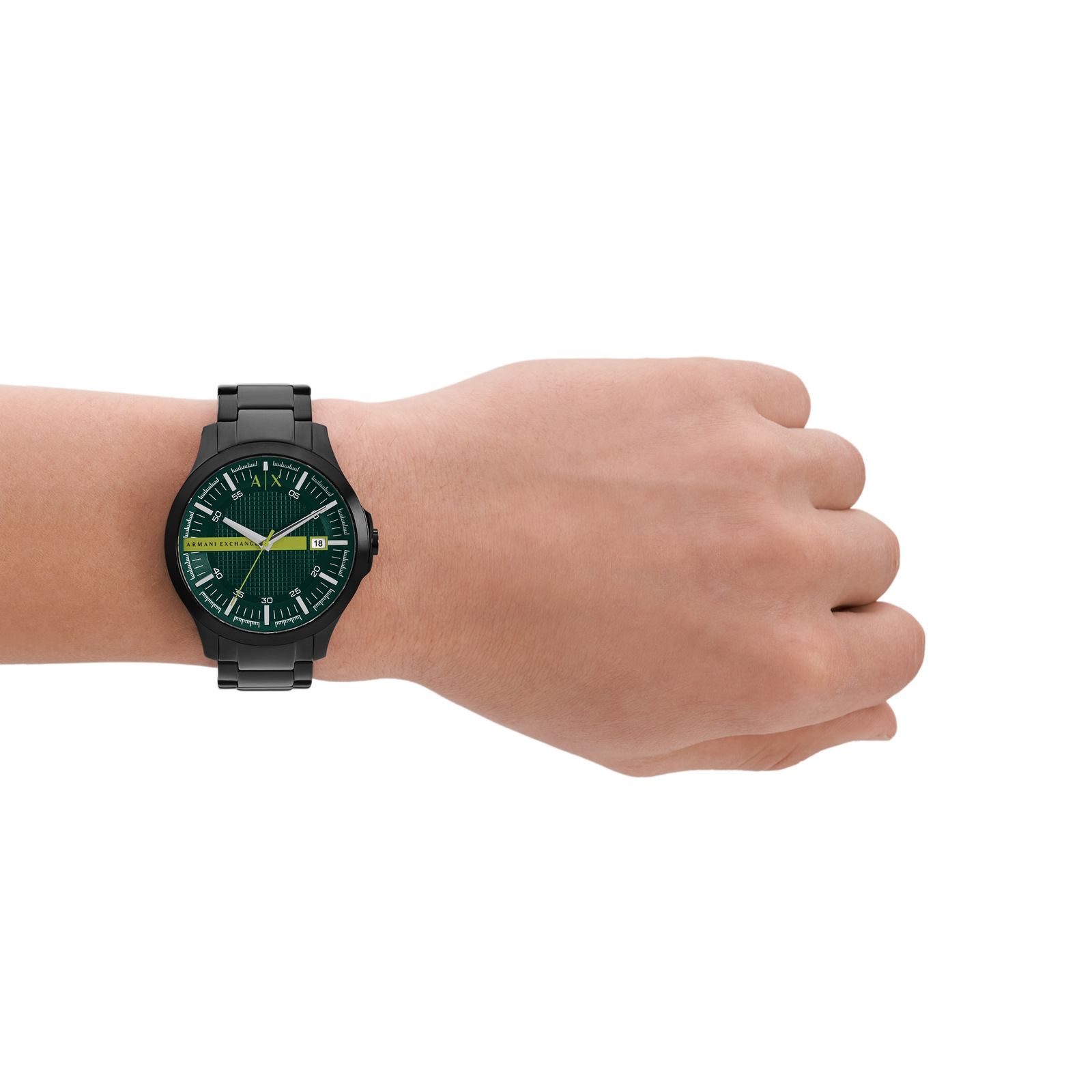 Armani Exchange Hampton AX2450 green dial watch worn on wrist with black bracelet