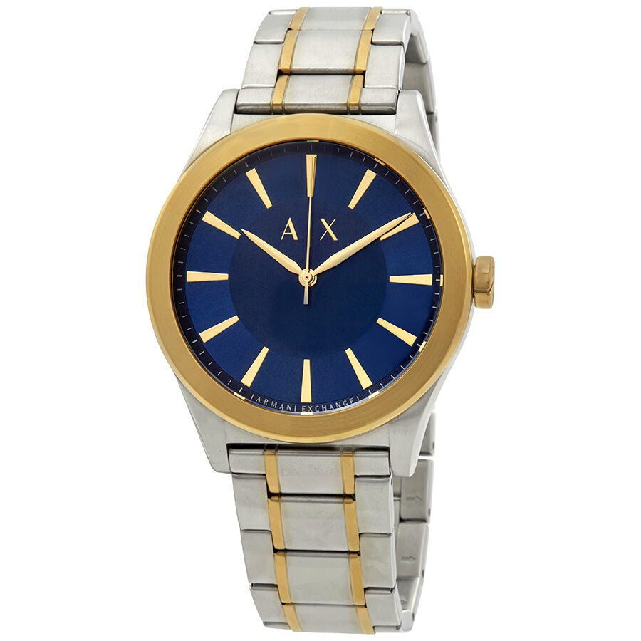 Armani Exchange Nico watch with blue dial, gold bezel, and two-tone bracelet