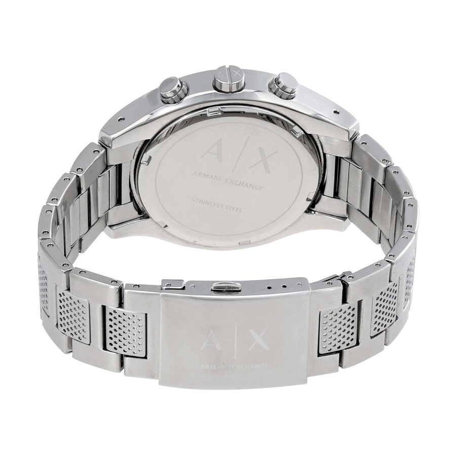 Armani Exchange The Driver watch caseback showing stainless steel with engravings