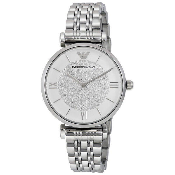 Armani White Crystal Pave Dial Stainless Steel Ladies Watch #AR1925 - The Watches Men & CO