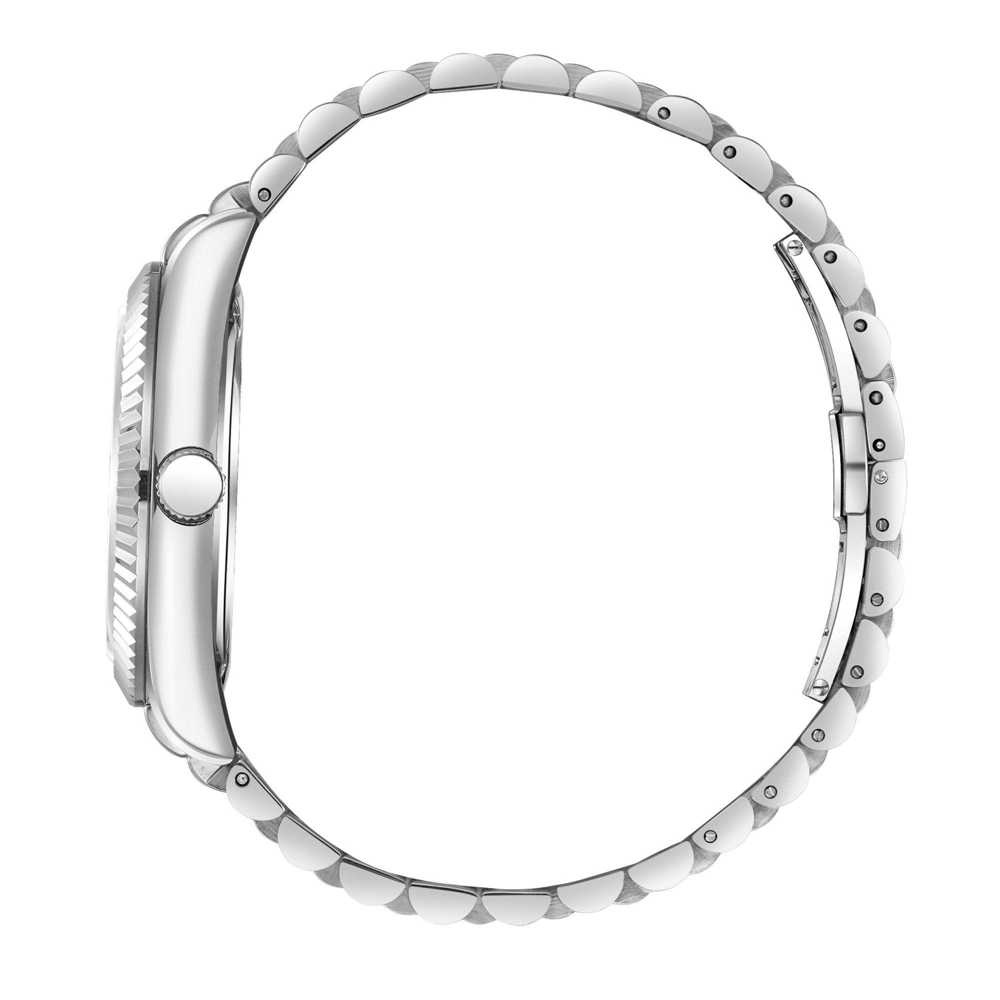 Side view of Beverly Hills Polo Club silver two-tone bracelet watch showing case profile