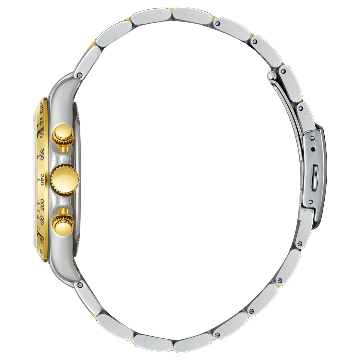 Side view of two-tone chronograph showing gold and steel case with pushers