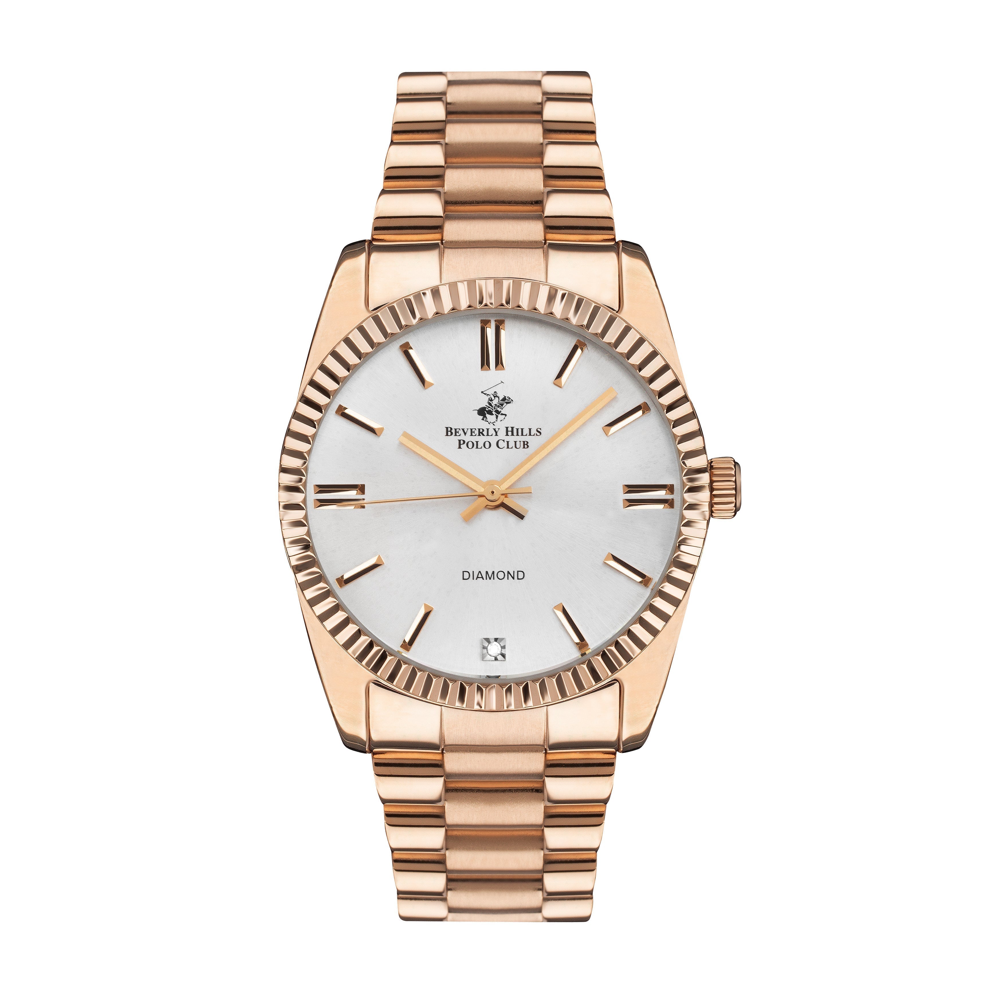 Rose gold women's watch with white mother-of-pearl dial, diamond markers, and fluted bezel