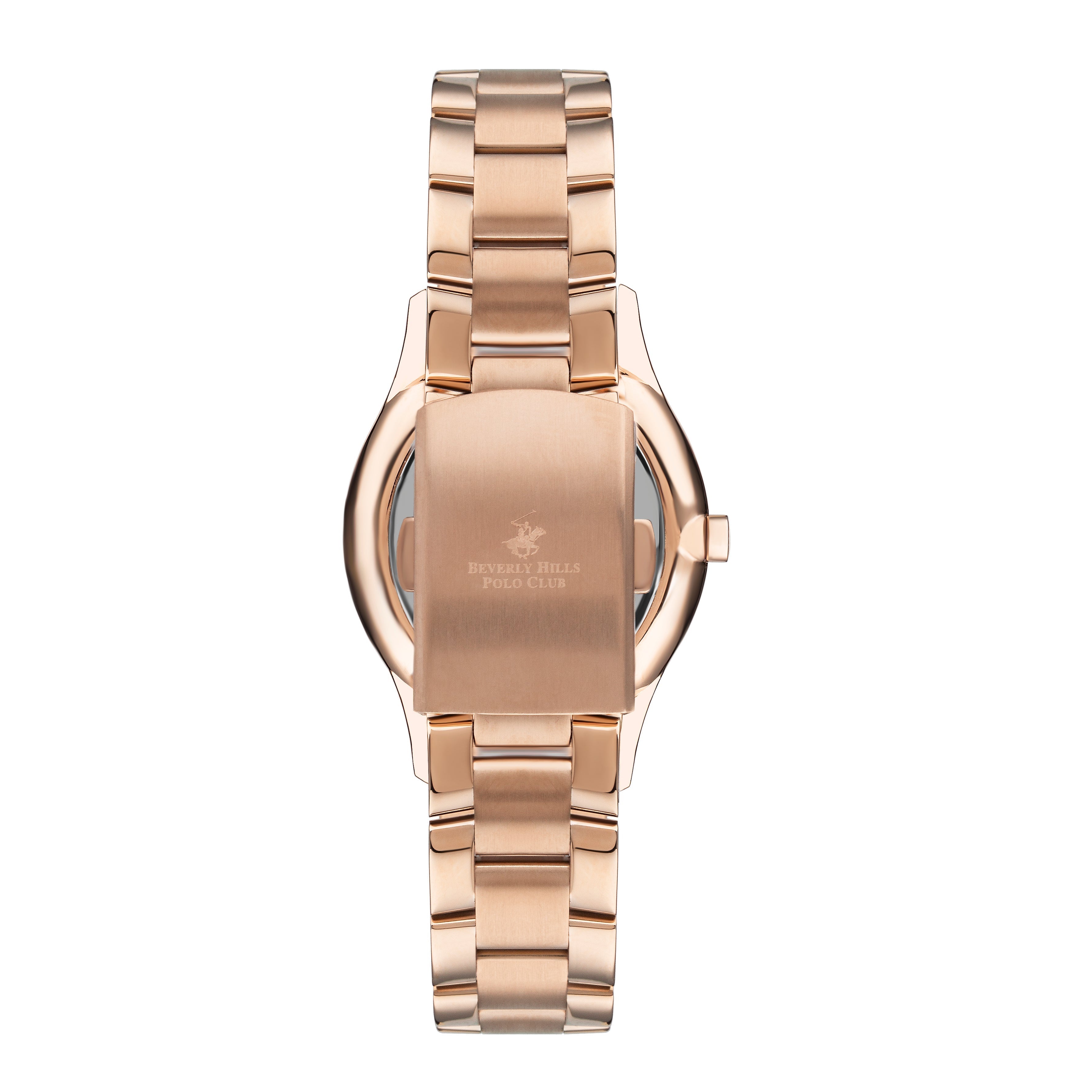 Caseback view of rose gold Beverly Hills Polo Club watch with metal bracelet