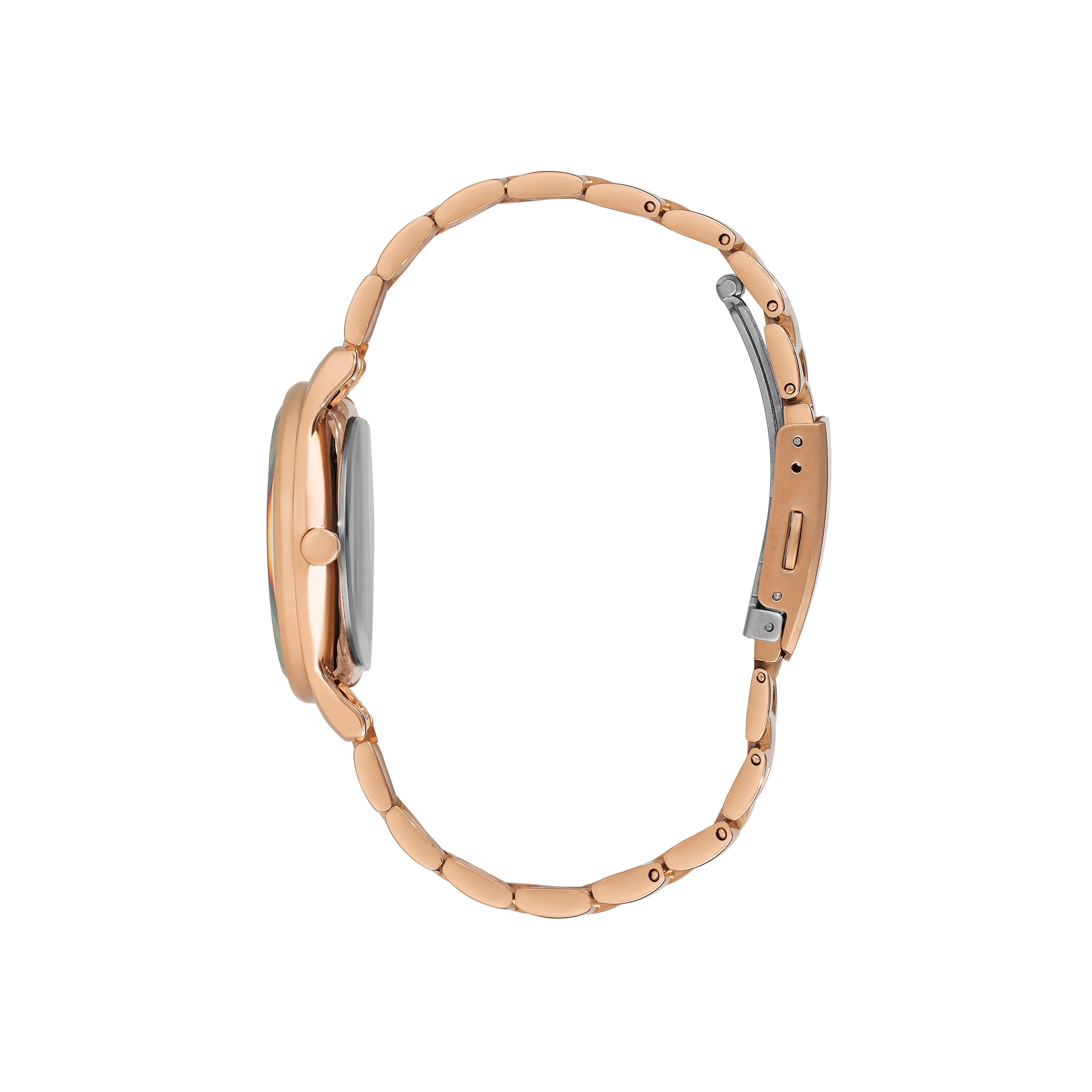Rose gold watch displayed sideways showing case profile and rose gold metal bracelet