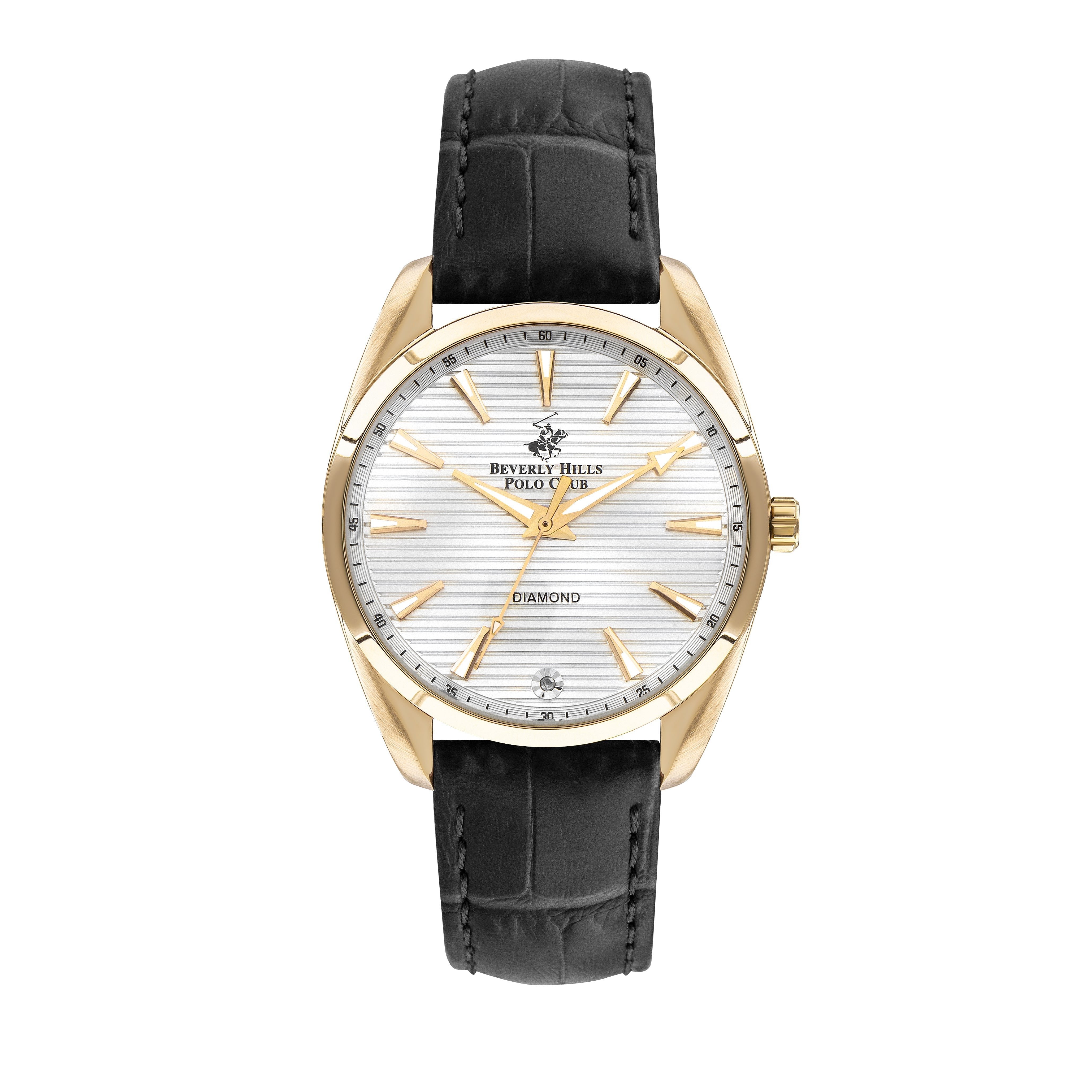 Beverly Hills Polo Club women's leather diamond watch with gold-tone case and black leather strap