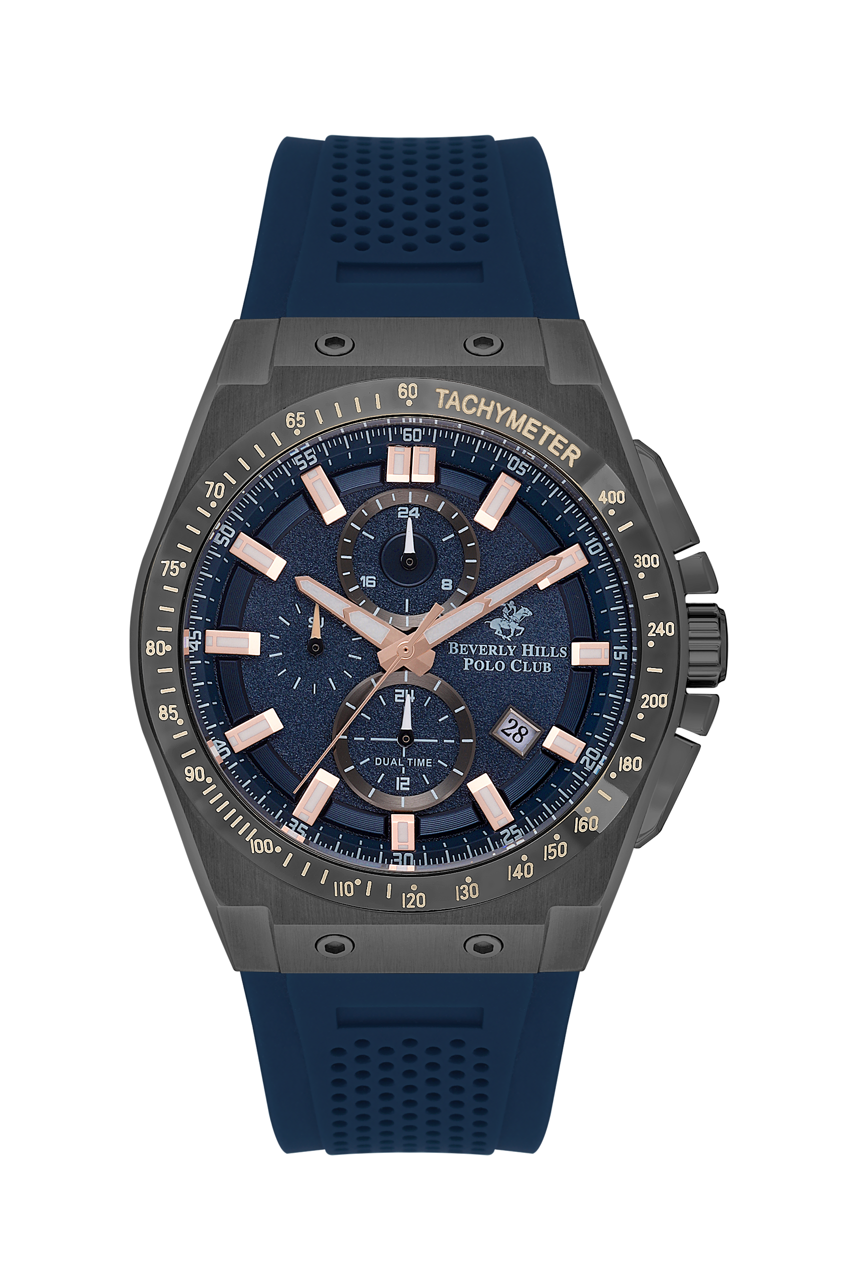 Beverly Hills Polo Club multifunction watch with dark blue dial, gray case, and blue rubber strap