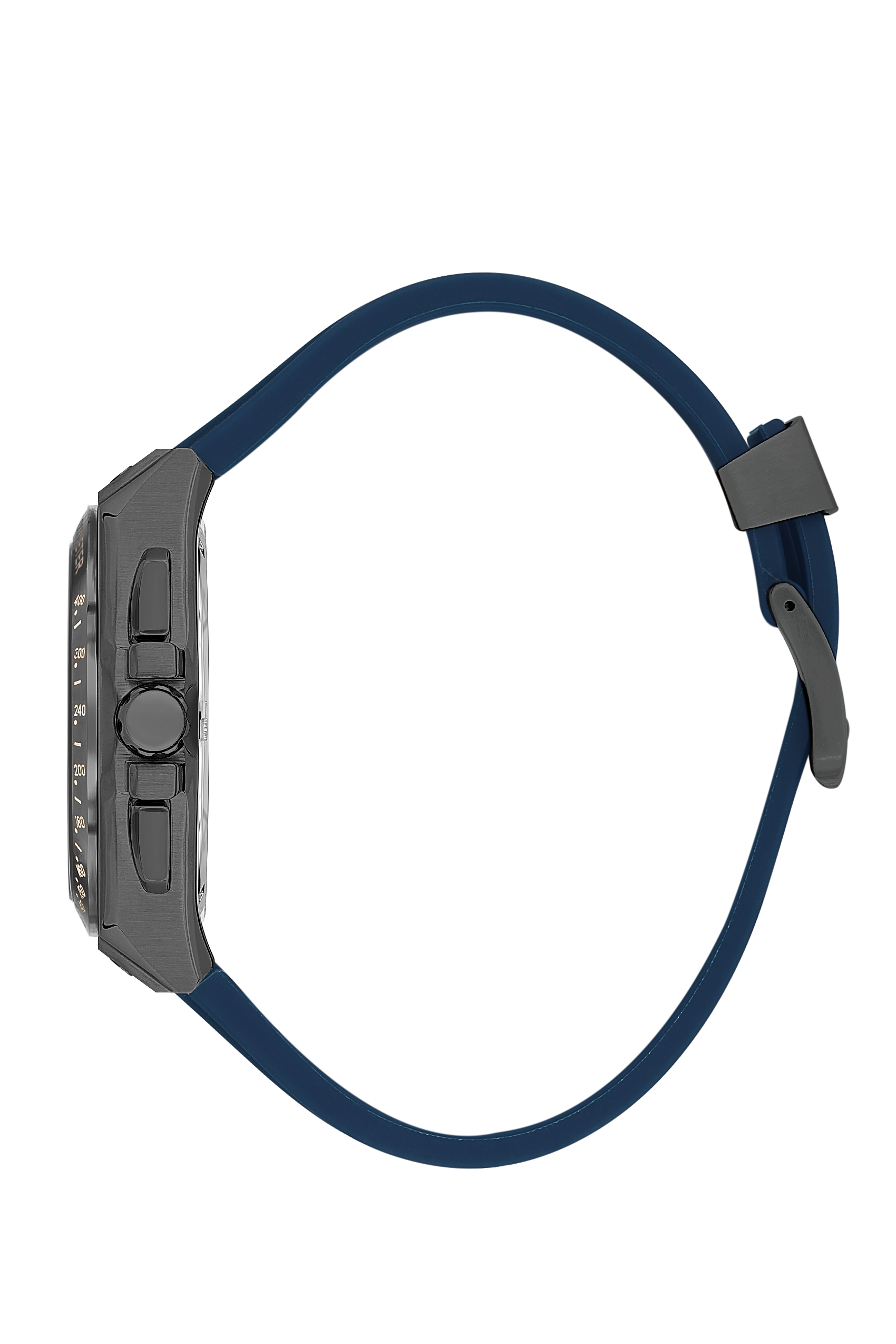 Side profile of Beverly Hills Polo Club watch showing blue rubber strap and gray case