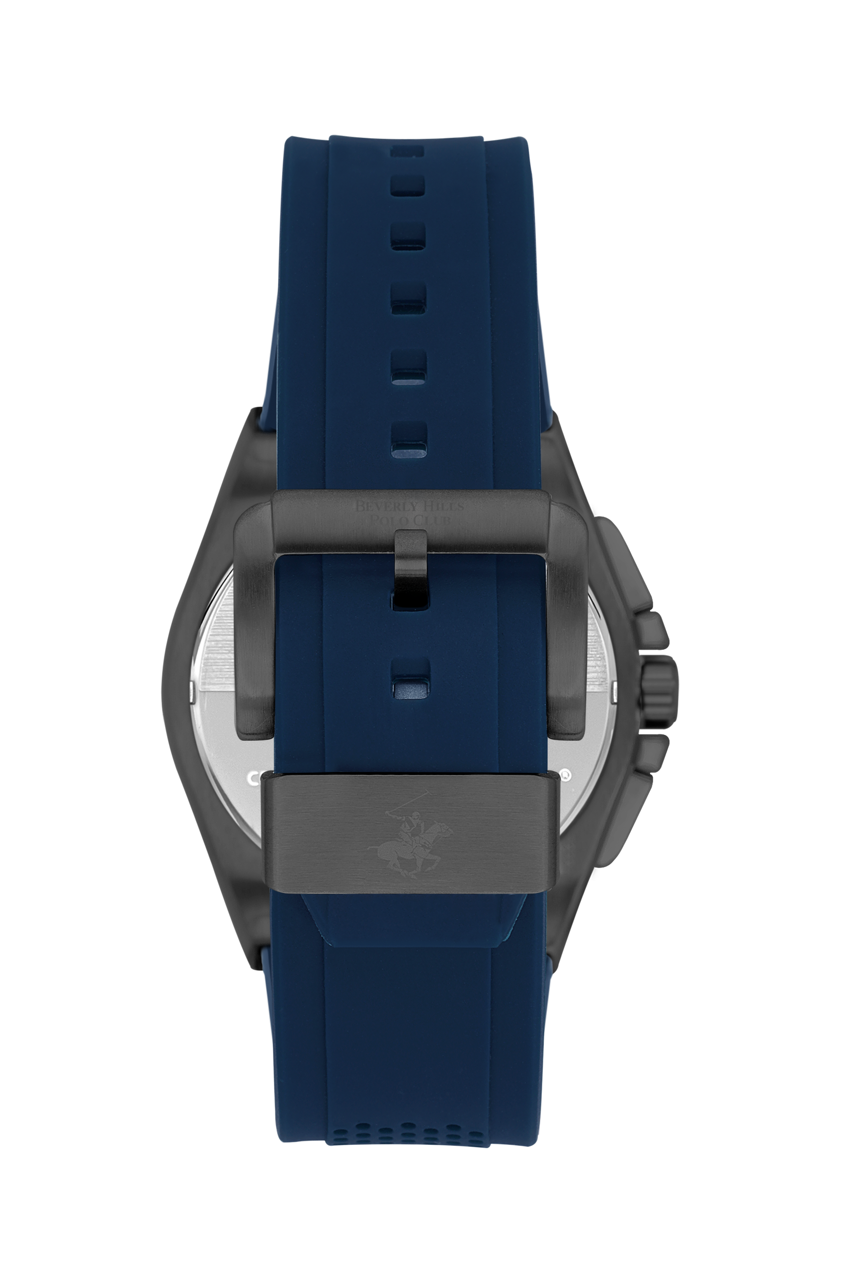 Blue rubber strap with buckle closure on Beverly Hills Polo Club watch