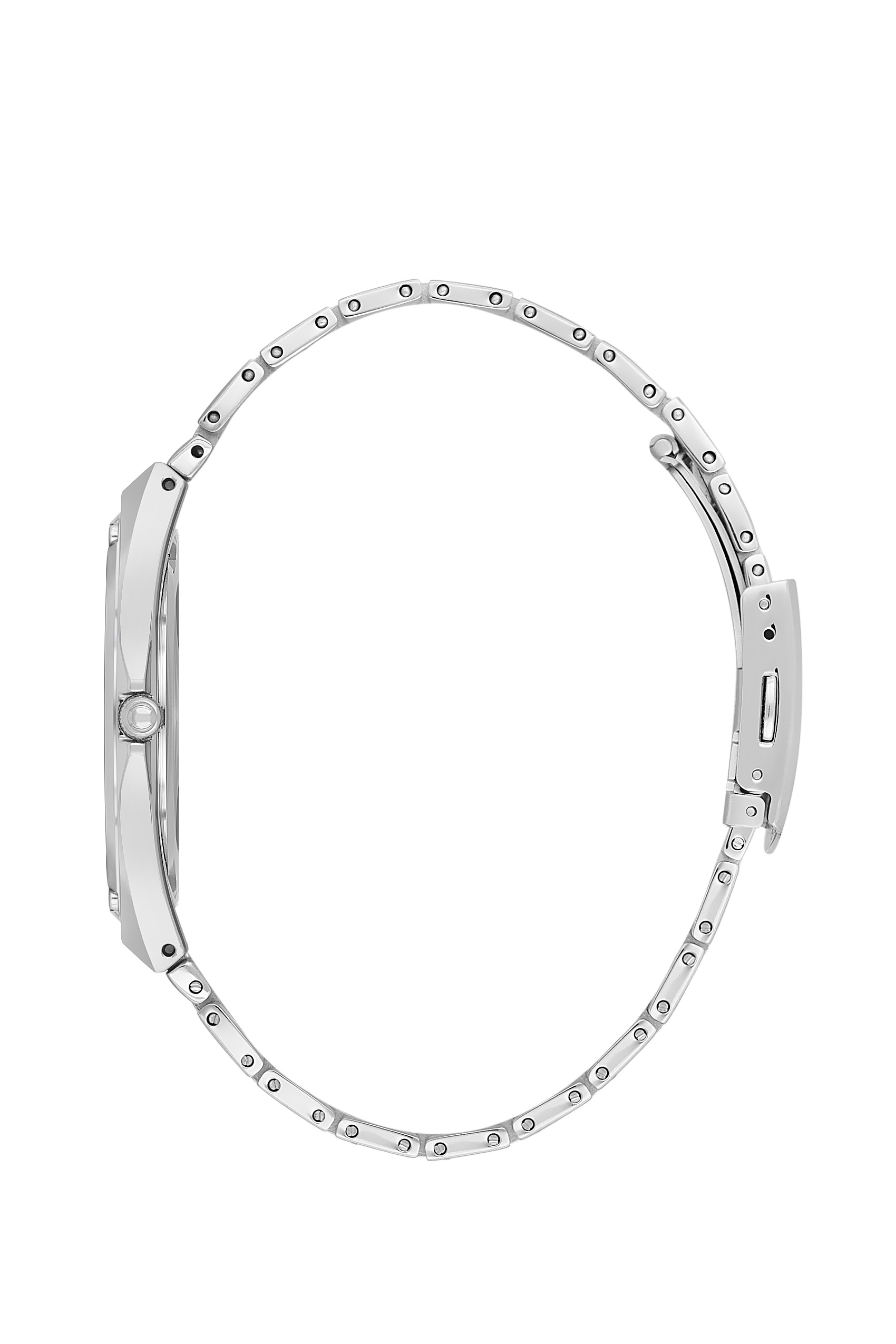 Side view of silver metal watch bracelet with octagonal bezel